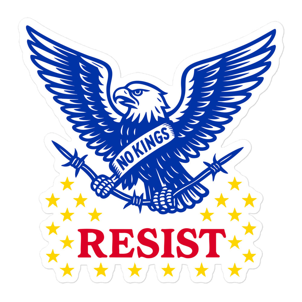 5.5x5.5 White die-cut sticker showing a blue illustrated eagle with a “NO KINGS” banner, crossed batons, and red “RESIST” text with yellow stars, designed by Blue Wave USA.