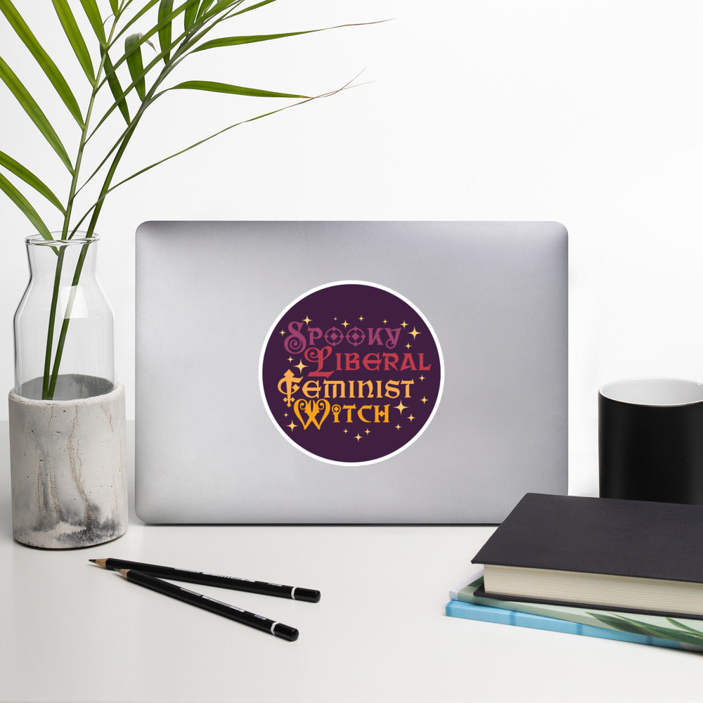 Front View Image: Spooky Liberal Feminist Witch Vinyl Sticker with bold witchy design