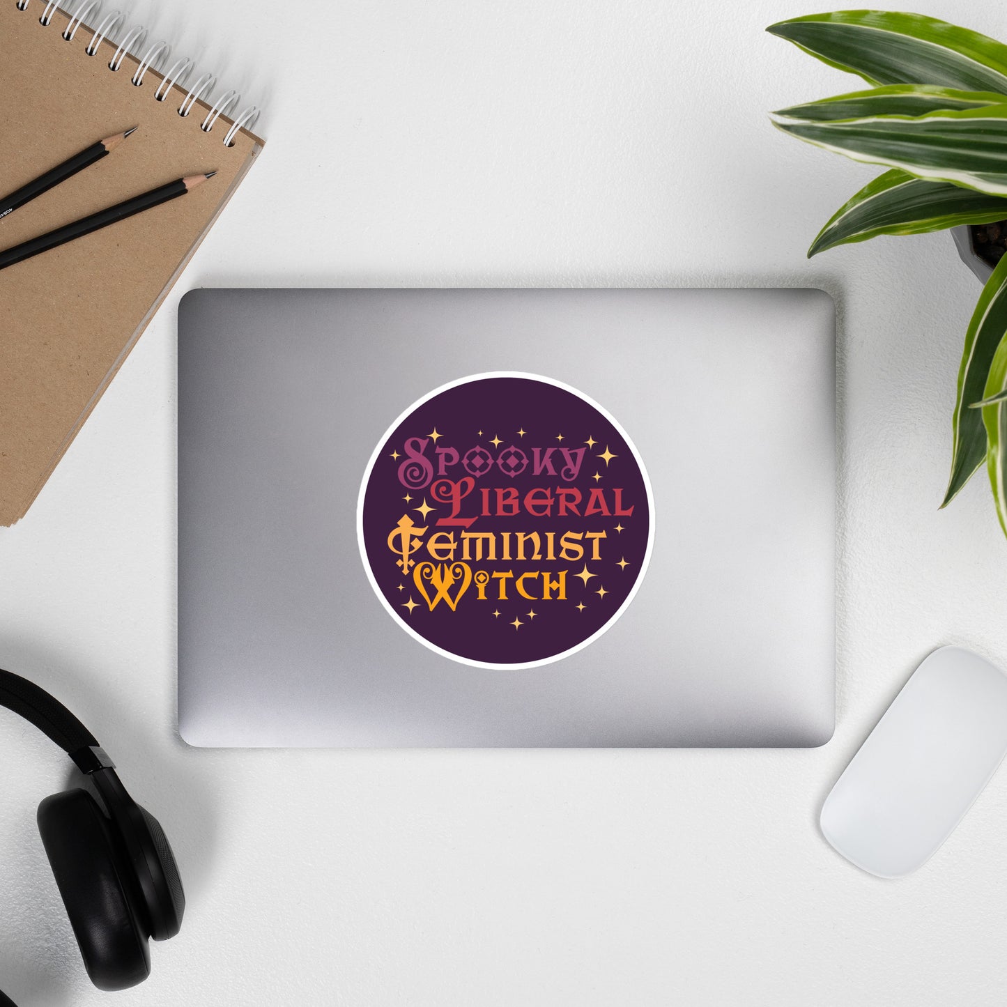 Front View Image: Spooky Liberal Feminist Witch Vinyl Sticker with bold witchy design