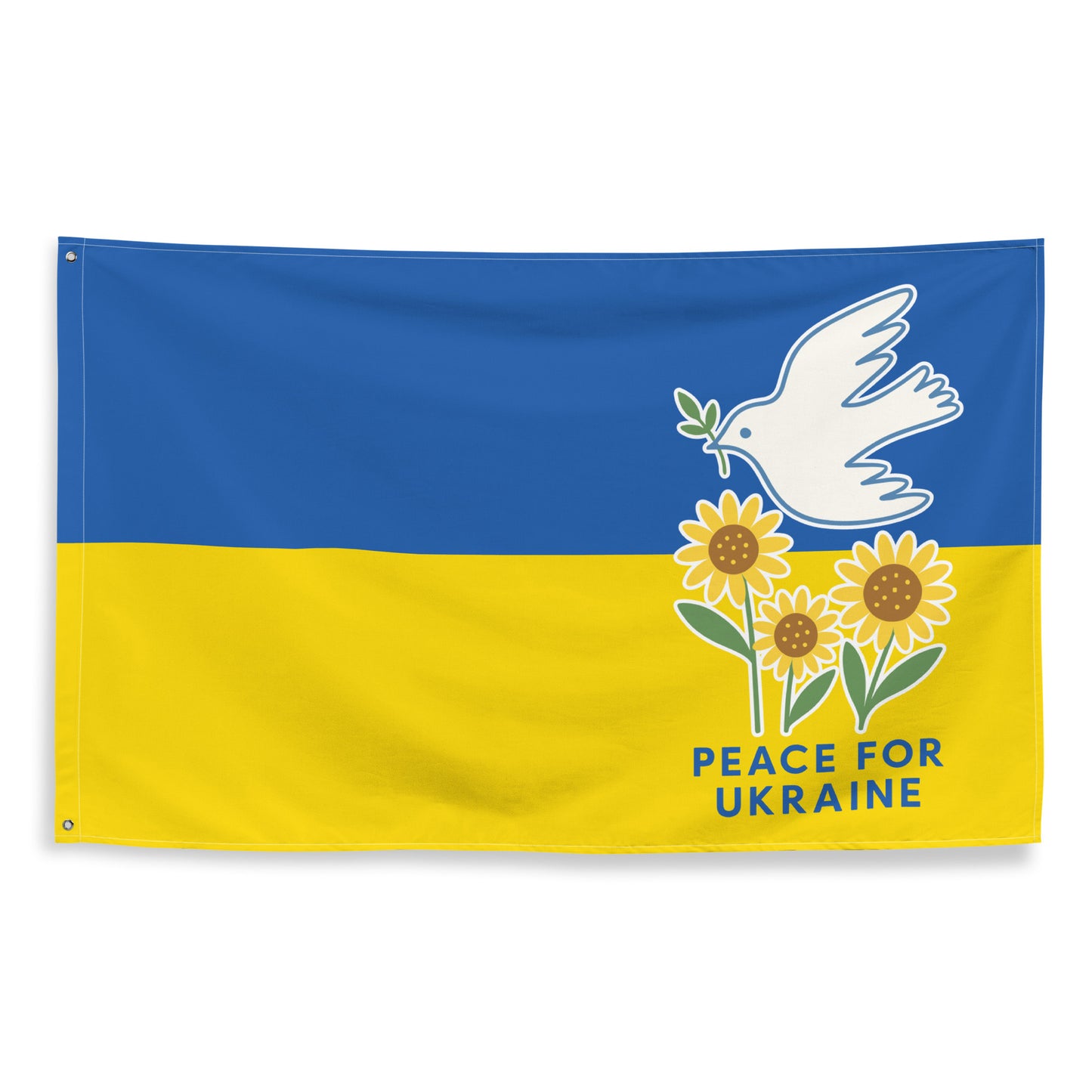 “Peace for Ukraine” activist wall flag with peace dove and sunflower illustration on blue and yellow background.
