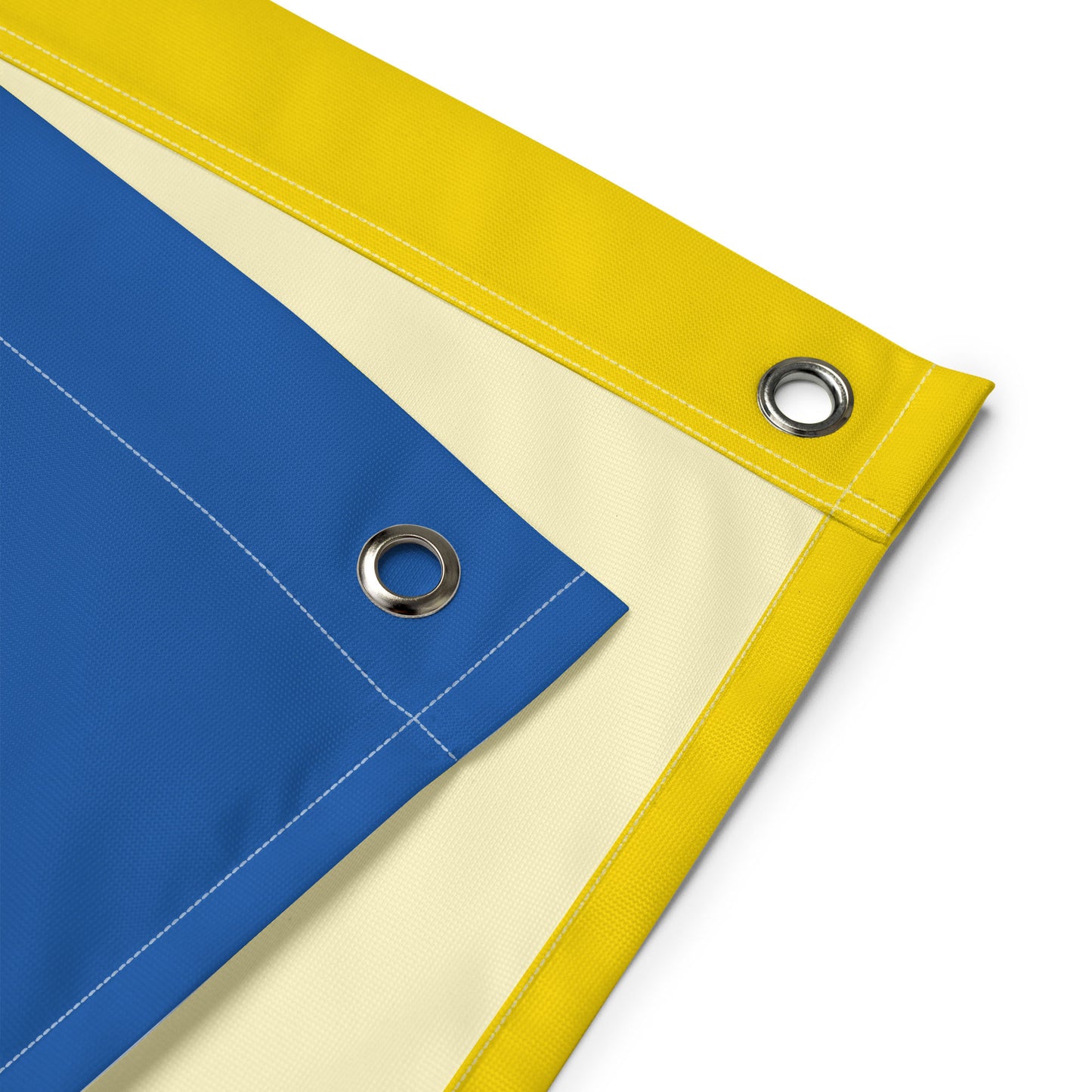 Detailed folded fabric view of the “Peace for Ukraine” activist wall flag with blue, yellow, and sunflower artwork, Blue Wave USA activist décor.