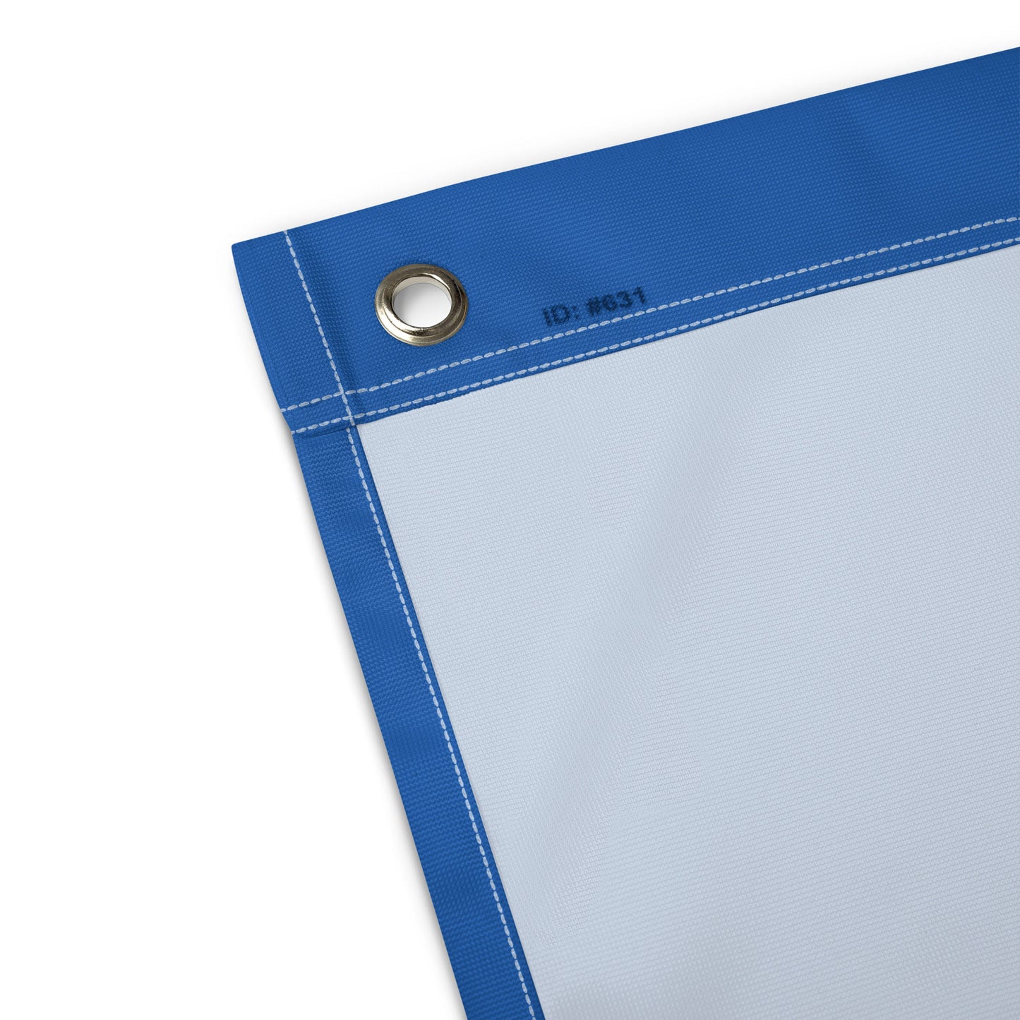 Detailed view of the Ukraine Peace and Solidarity wall flag showing reinforced corner stitching and silver grommet for hanging.