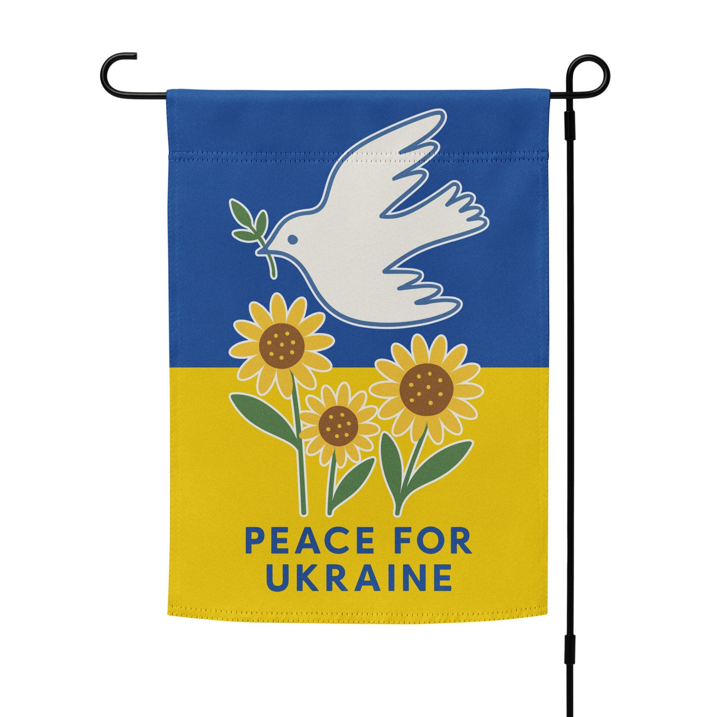 “Peace for Ukraine” solidarity garden flag with dove and sunflower design displayed on stand outdoors, Blue Wave USA activist products.