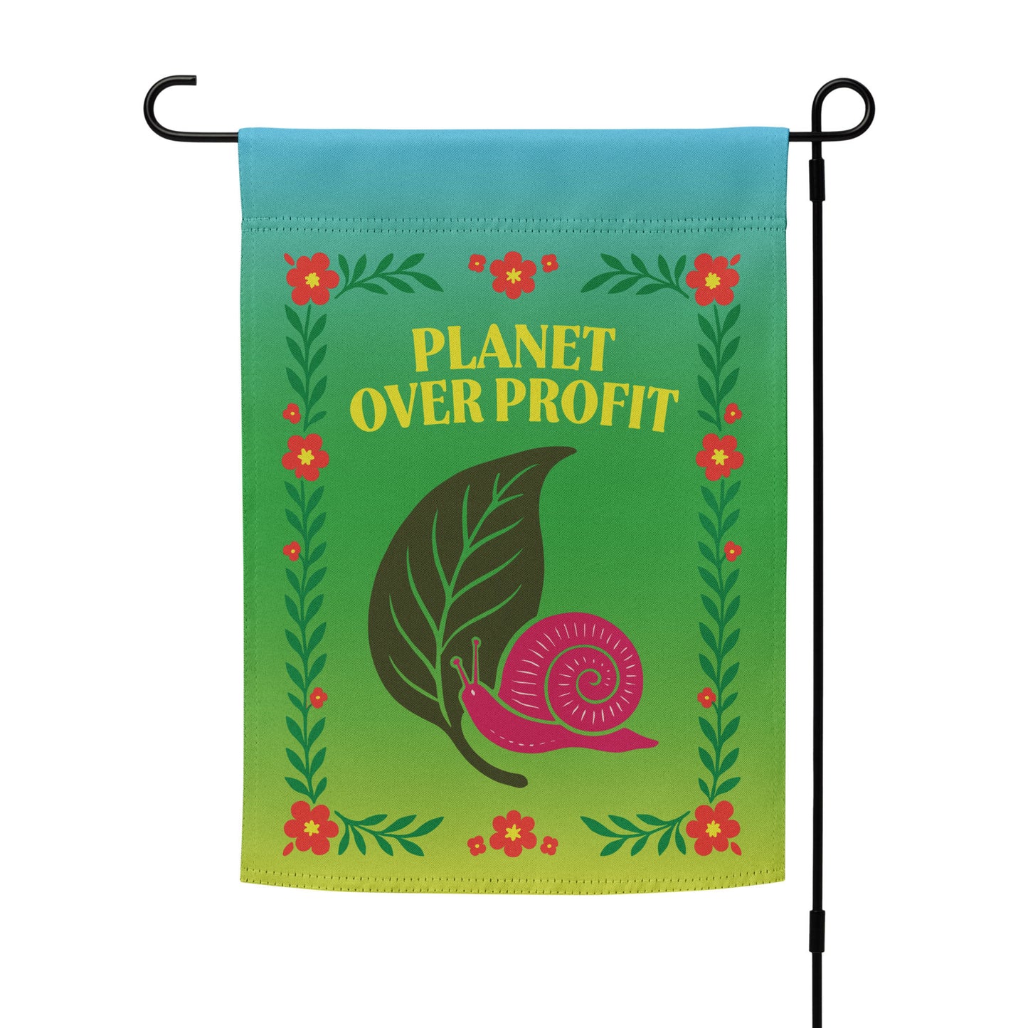 “Planet Over Profit” eco-friendly activist garden flag displayed outdoors on a stand, Blue Wave USA progressive products