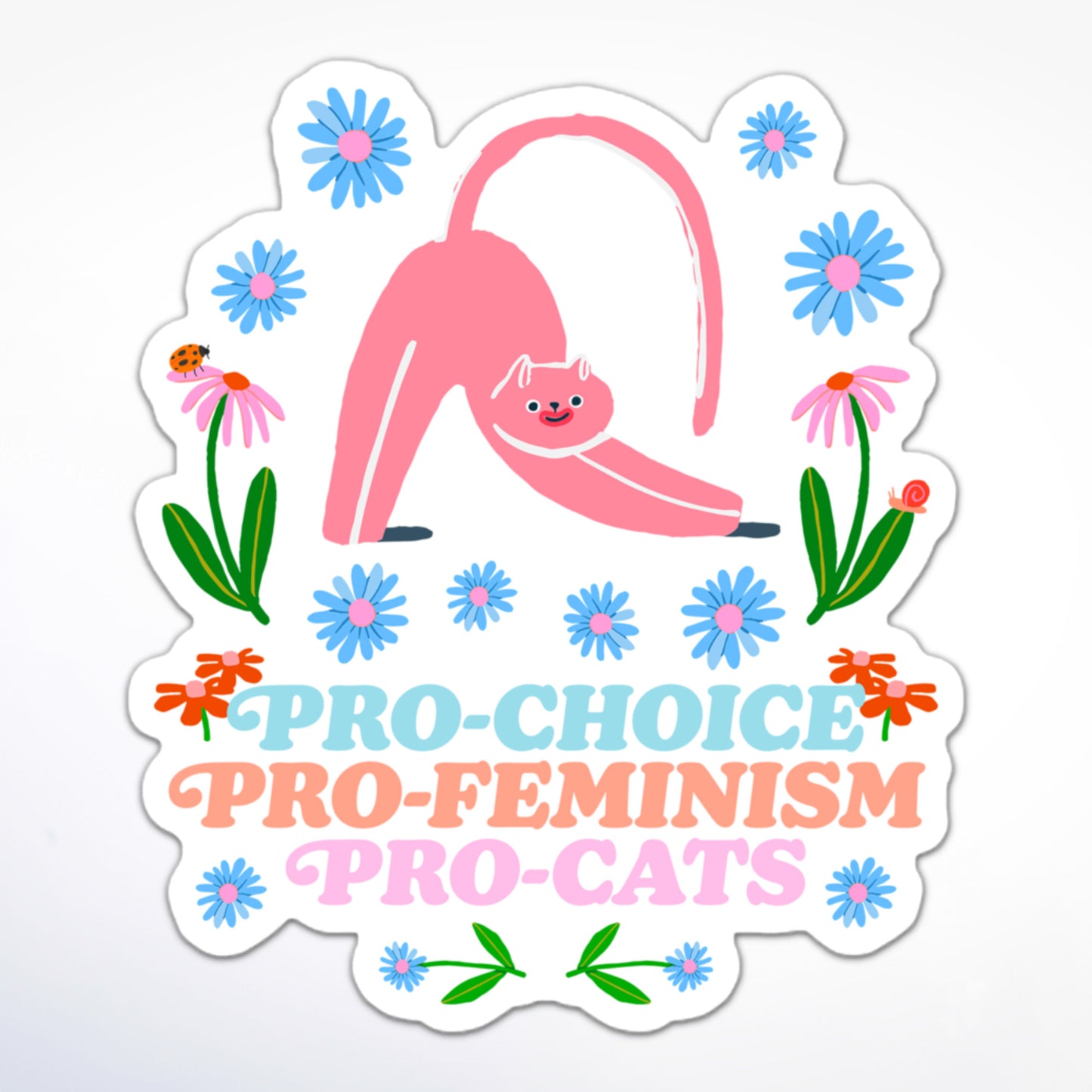 Pro-choice sticker with a pink stretching cat, colorful flowers, and the text: “Pro-Choice, Pro-Feminism, Pro-Cats.”