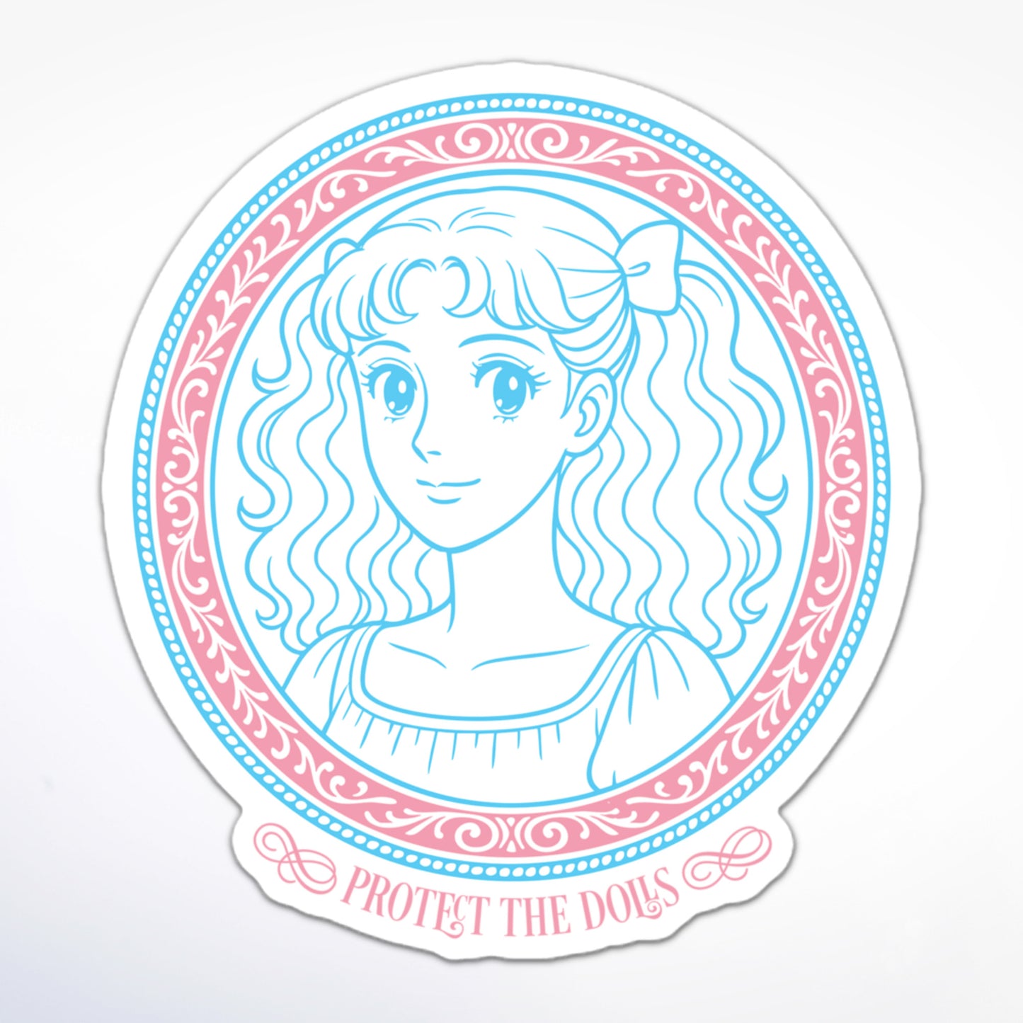 Round trans rights sticker with anime girl portrait, decorative border, and “Protect the Dolls” text.