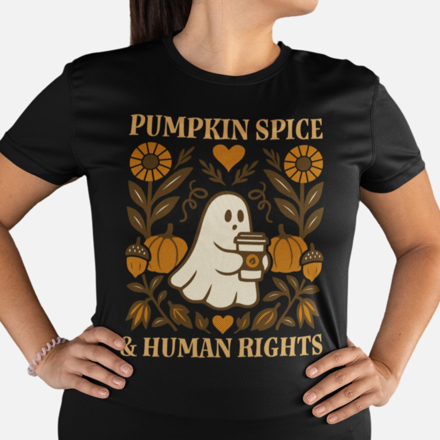 Model wearing “Pumpkin Spice & Human Rights” tee with coffee ghost and floral design, Blue Wave USA progressive fall apparel.