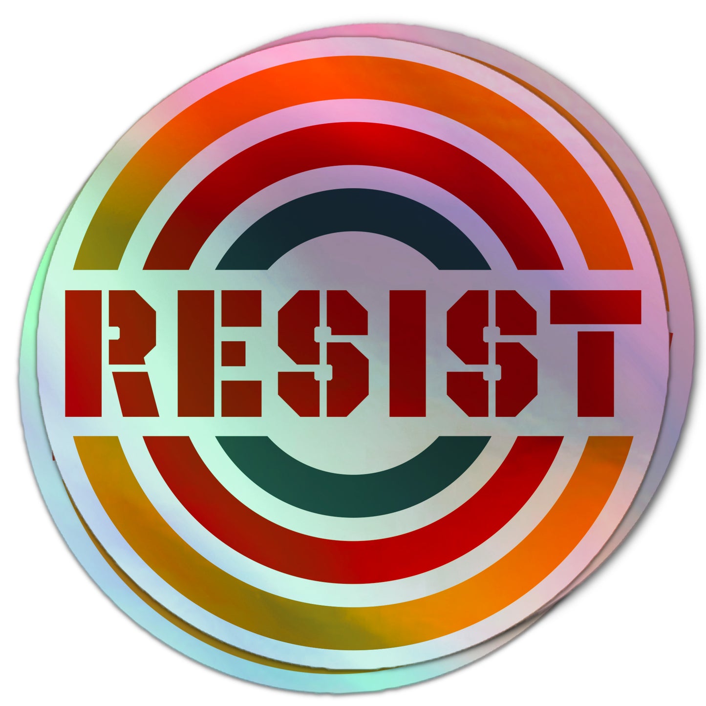 Activist holographic sticker with RESIST slogan and stylized retro rings, perfect for anti-Trump statements.