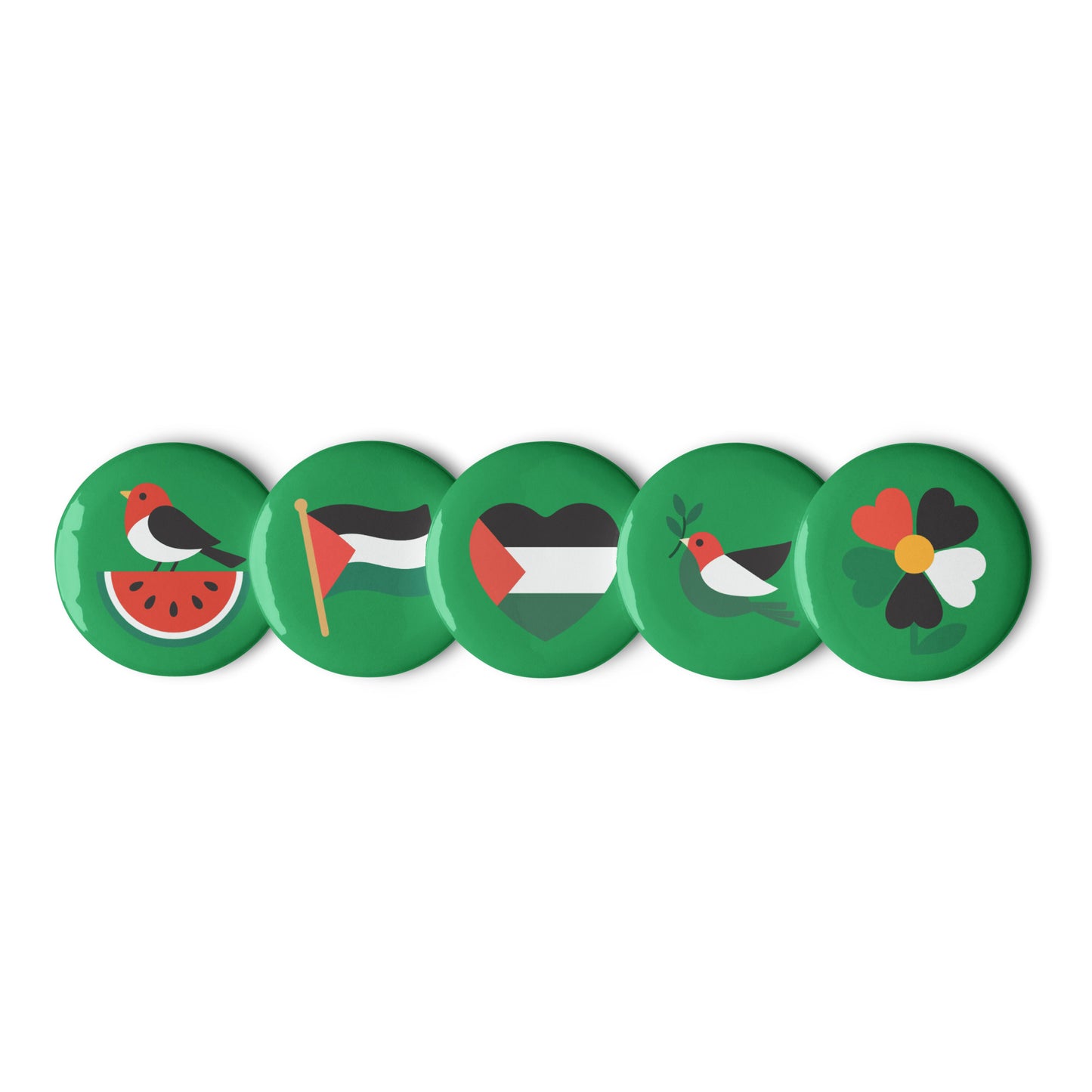 Five Free Palestine solidarity pin buttons shown in a row with flag, dove, heart, and watermelon designs, Blue Wave USA progressive products.
