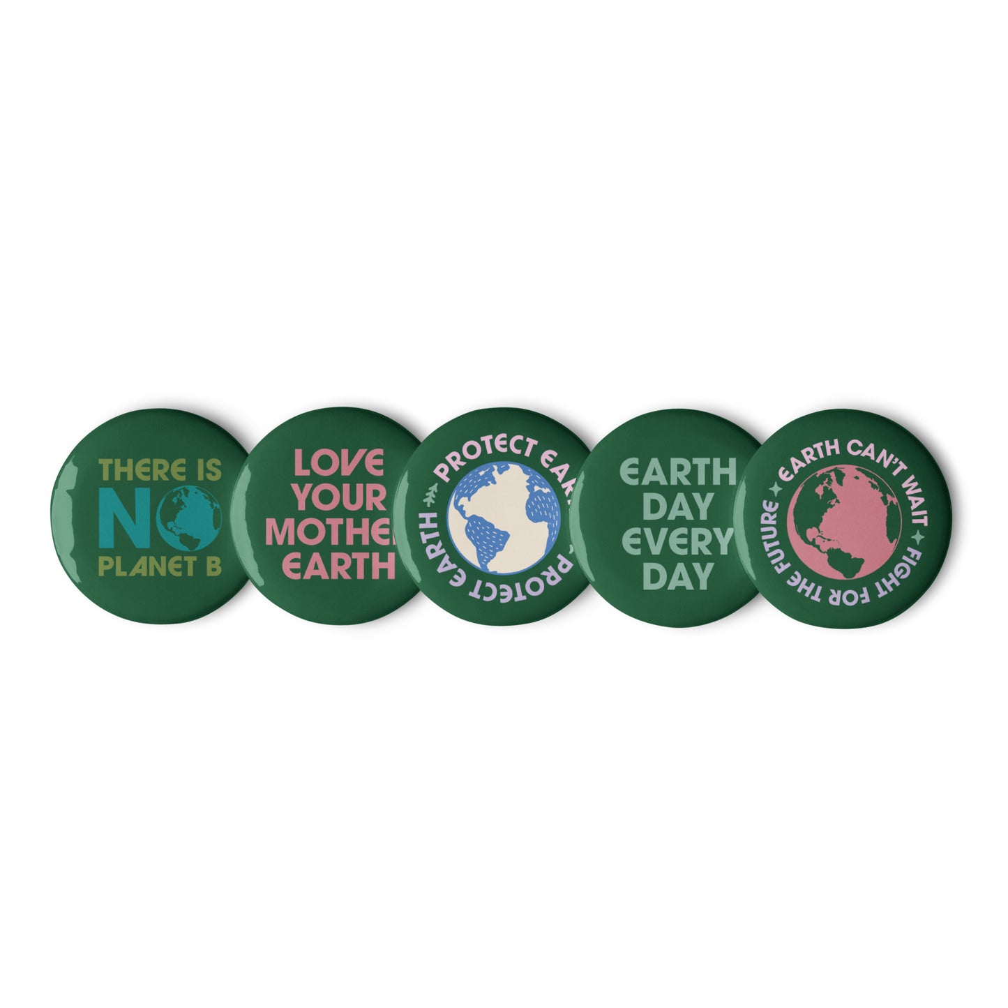 Five climate change awareness pin buttons shown in a row with Earth Day, sustainability, and environmental justice messages, Blue Wave USA progressive products.