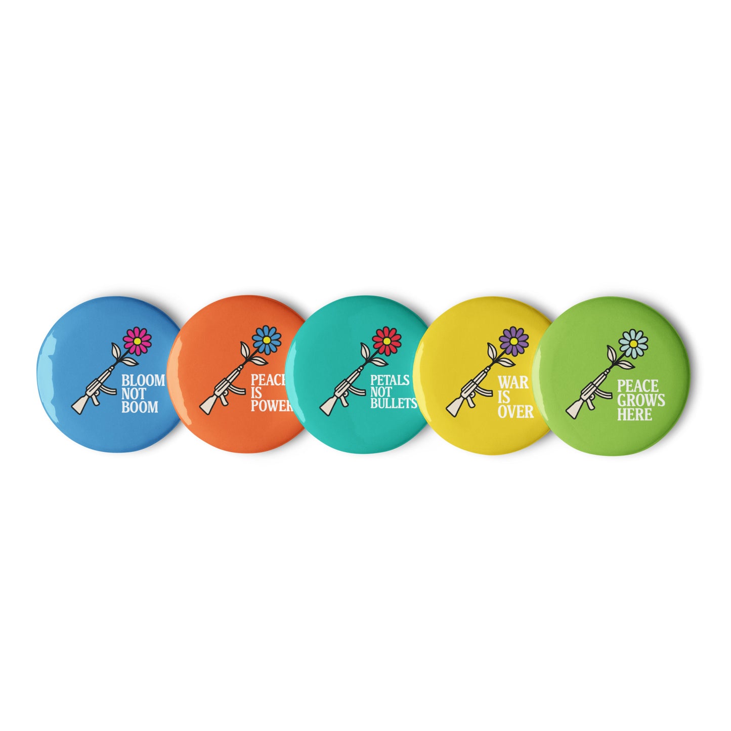 Set of five “Anti-War Progressive Activist Pin Buttons” featuring flower-power peace slogans, Blue Wave USA activism merchandise promoting peace and justice.