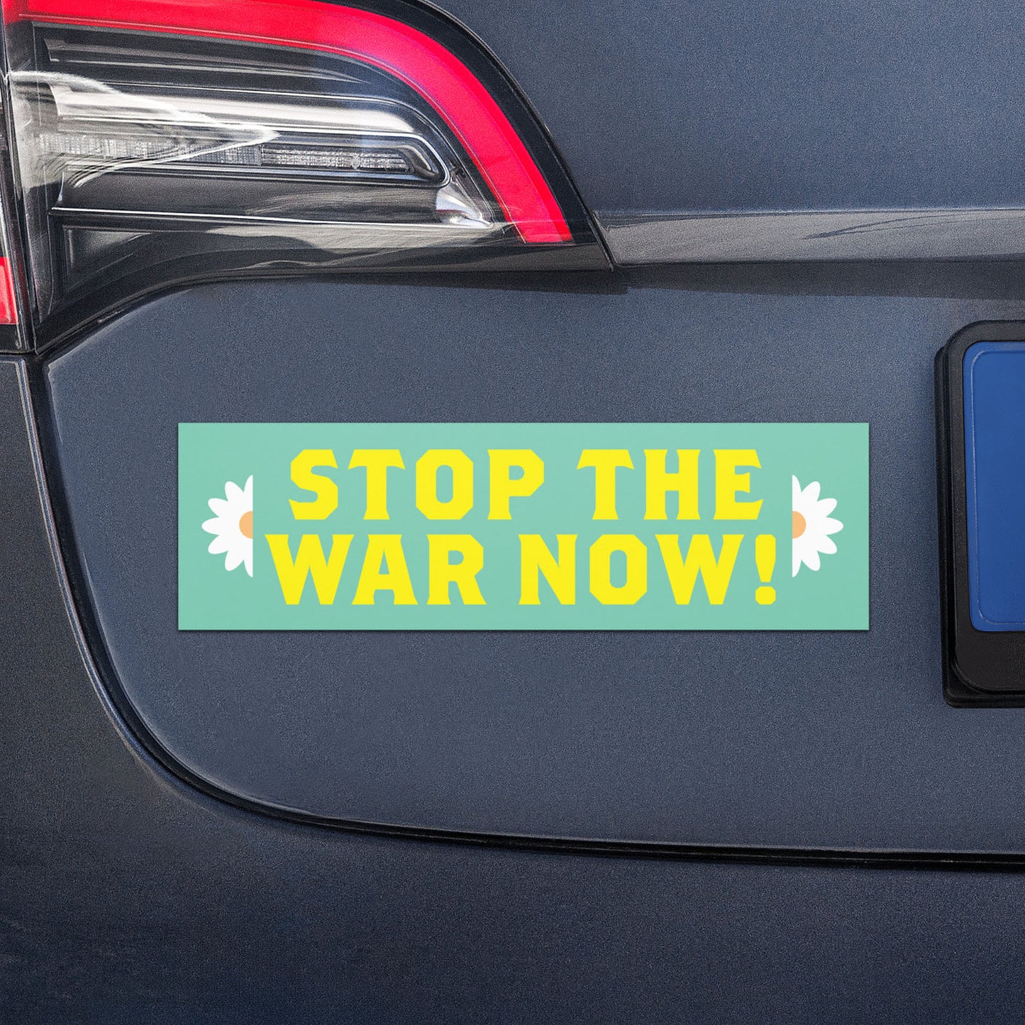 Teal bumper magnet with daisy accents and bold phrase “STOP THE WAR NOW!” displayed on rear of vehicle.