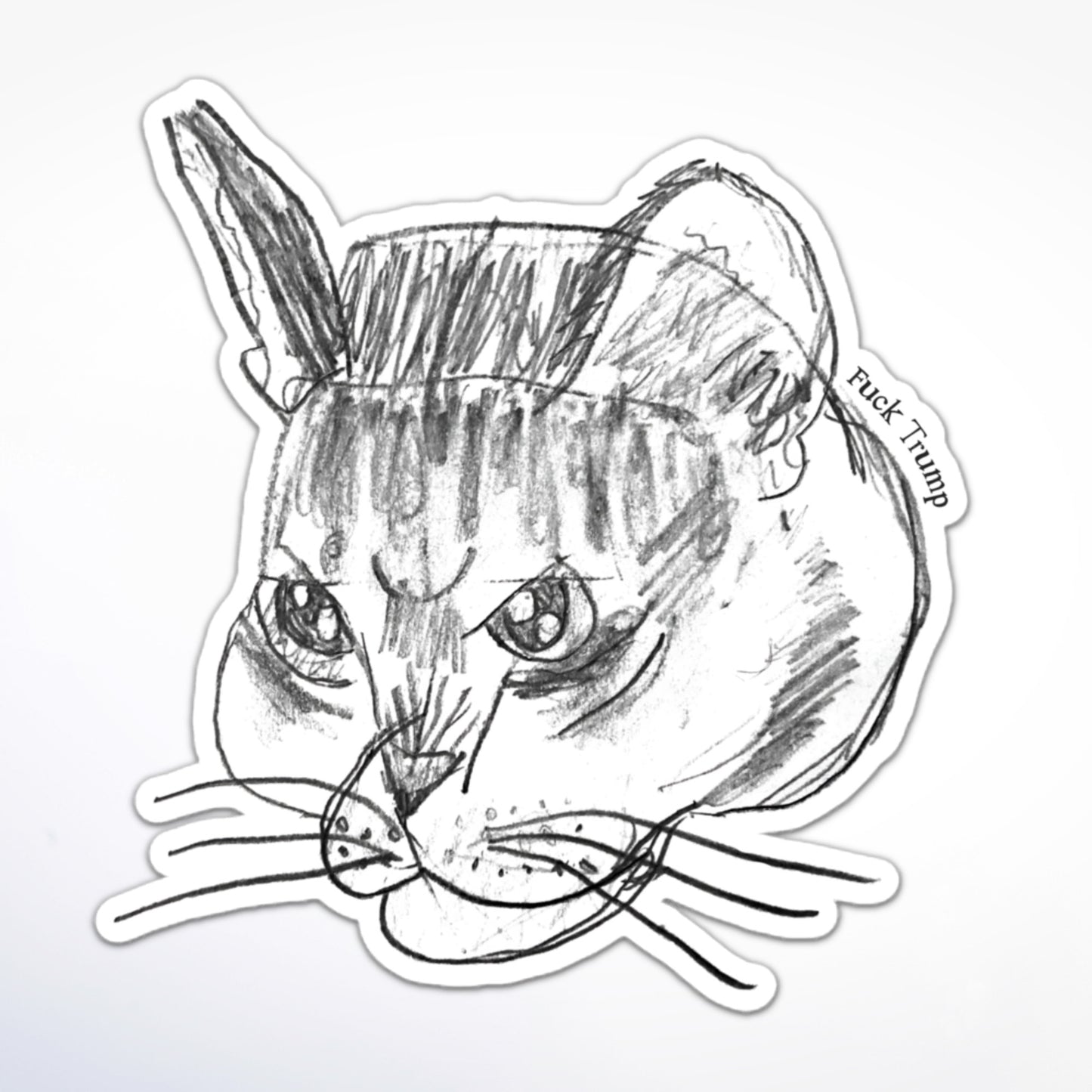 Subtle anti-Trump cat sketch protest sticker with “Fuck Trump” microtext.