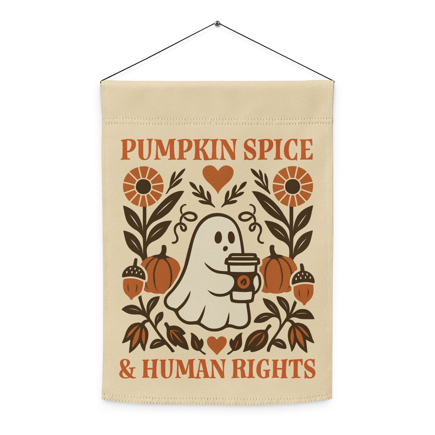 Front view of the “Pumpkin Spice & Human Rights” garden flag with ghost holding coffee, rustic pumpkin accents, sold by Blue Wave USA progressive products.