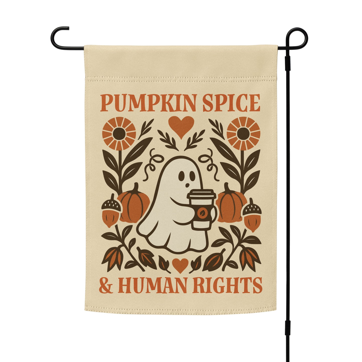 “Pumpkin Spice & Human Rights” Thanksgiving garden flag with autumn folk-art design displayed on a flag stand outdoors.