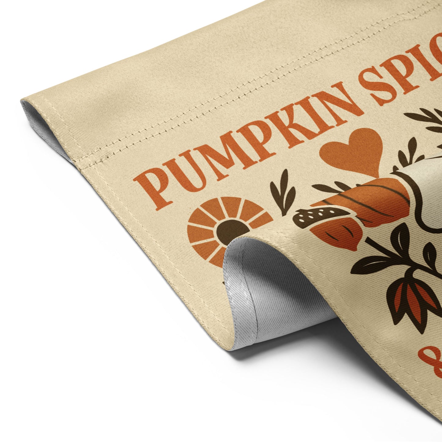 Detailed folded corner view of the “Pumpkin Spice & Human Rights” progressive garden flag with ghost illustration, pumpkin, and floral details, Blue Wave USA activist décor.