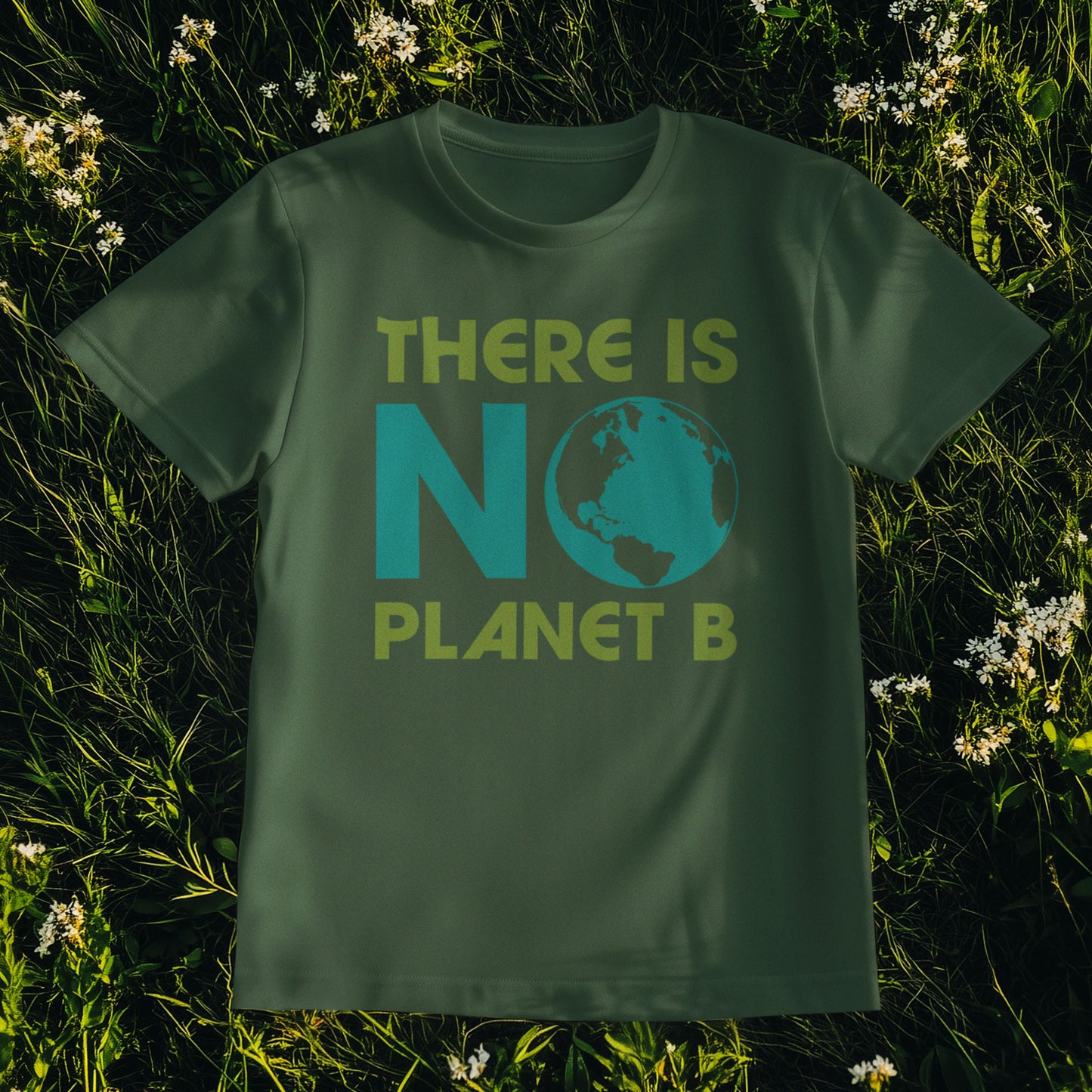 Forest green “There Is No Planet B” environmental awareness t-shirt displayed hanging outside.