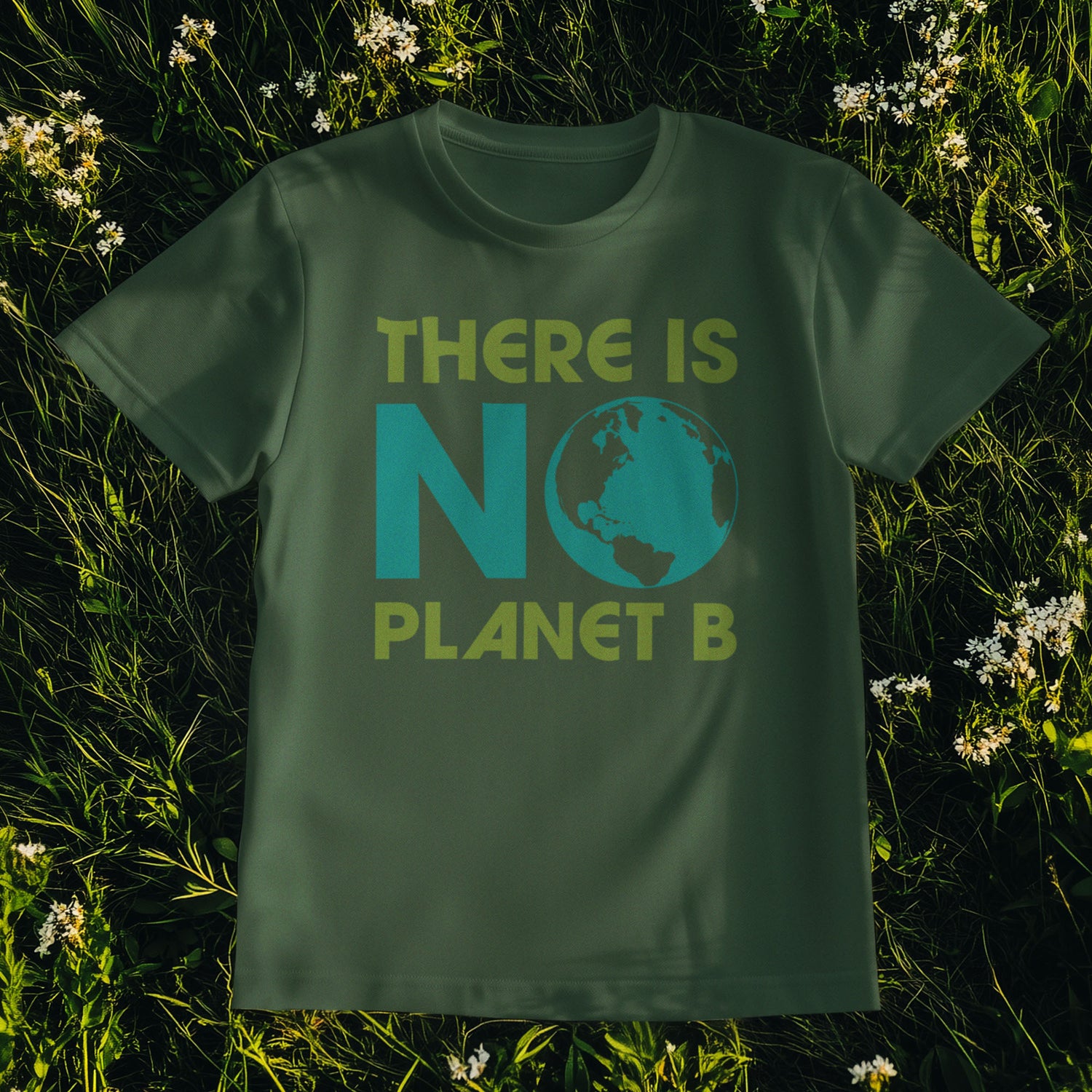 Forest green “There Is No Planet B” environmental awareness t-shirt displayed hanging outside.