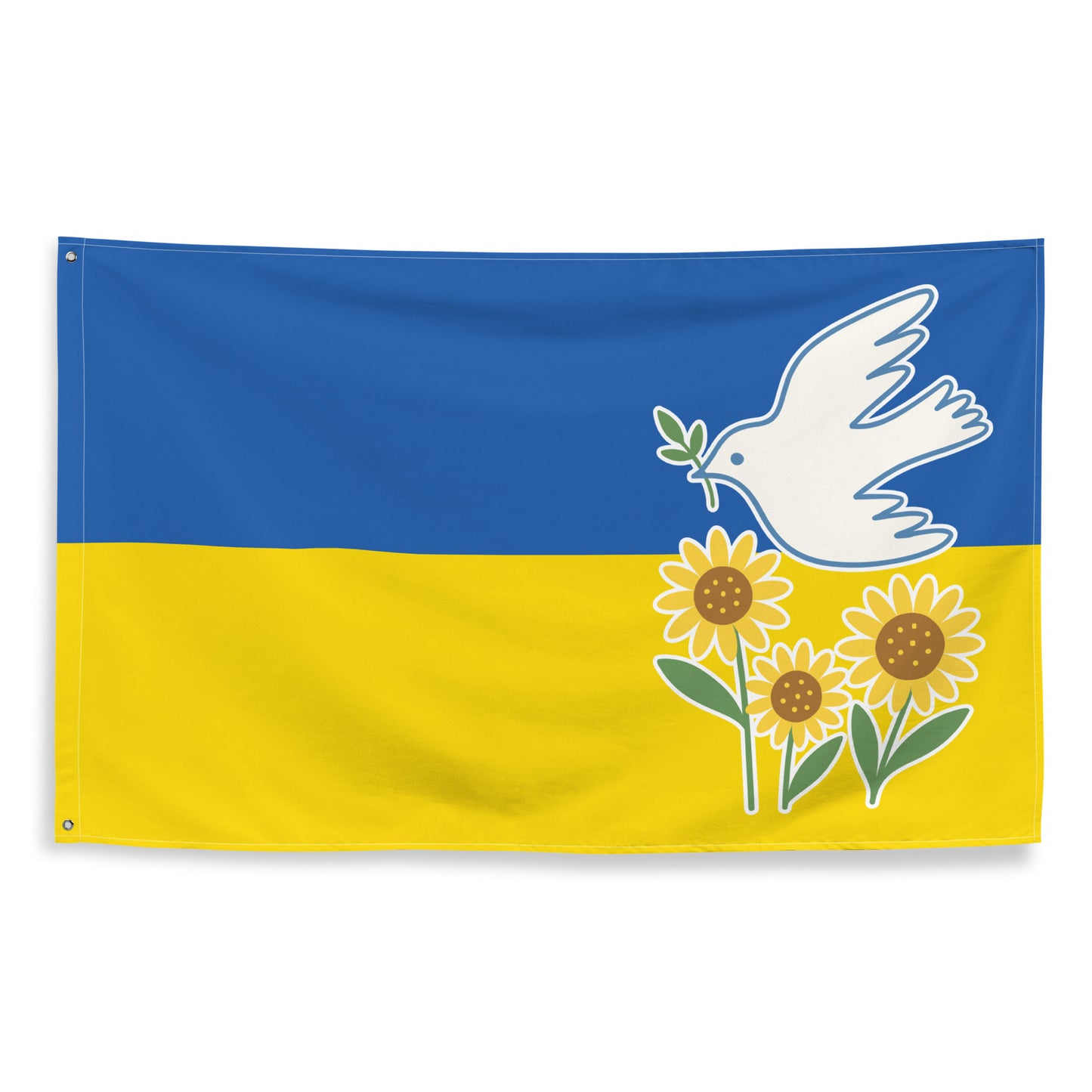 Ukraine Peace and Solidarity activist wall flag with peace dove and sunflower design on blue and yellow background.