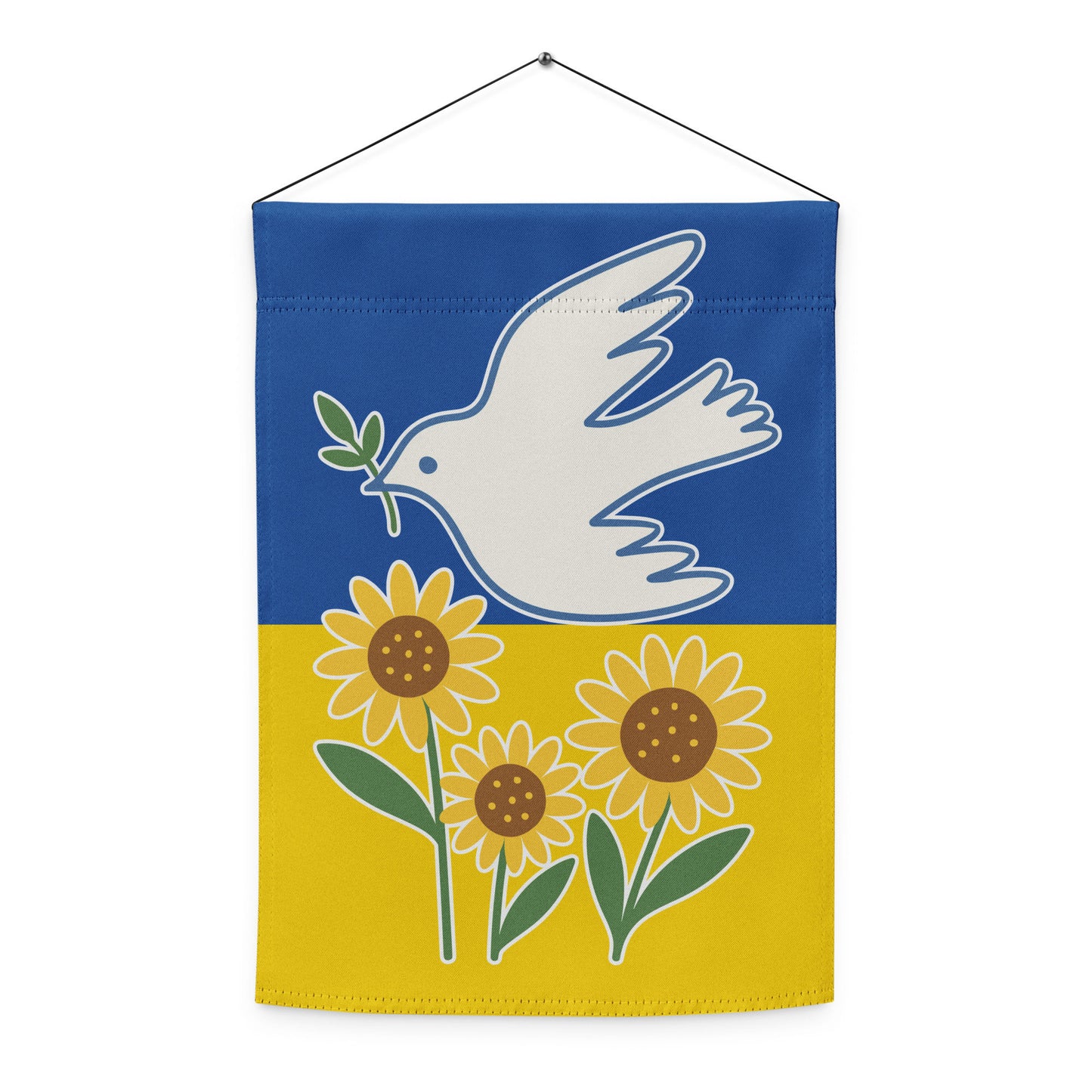 Front view of the Ukraine Solidarity progressive garden flag with peace dove and sunflower illustration on yellow and blue design.