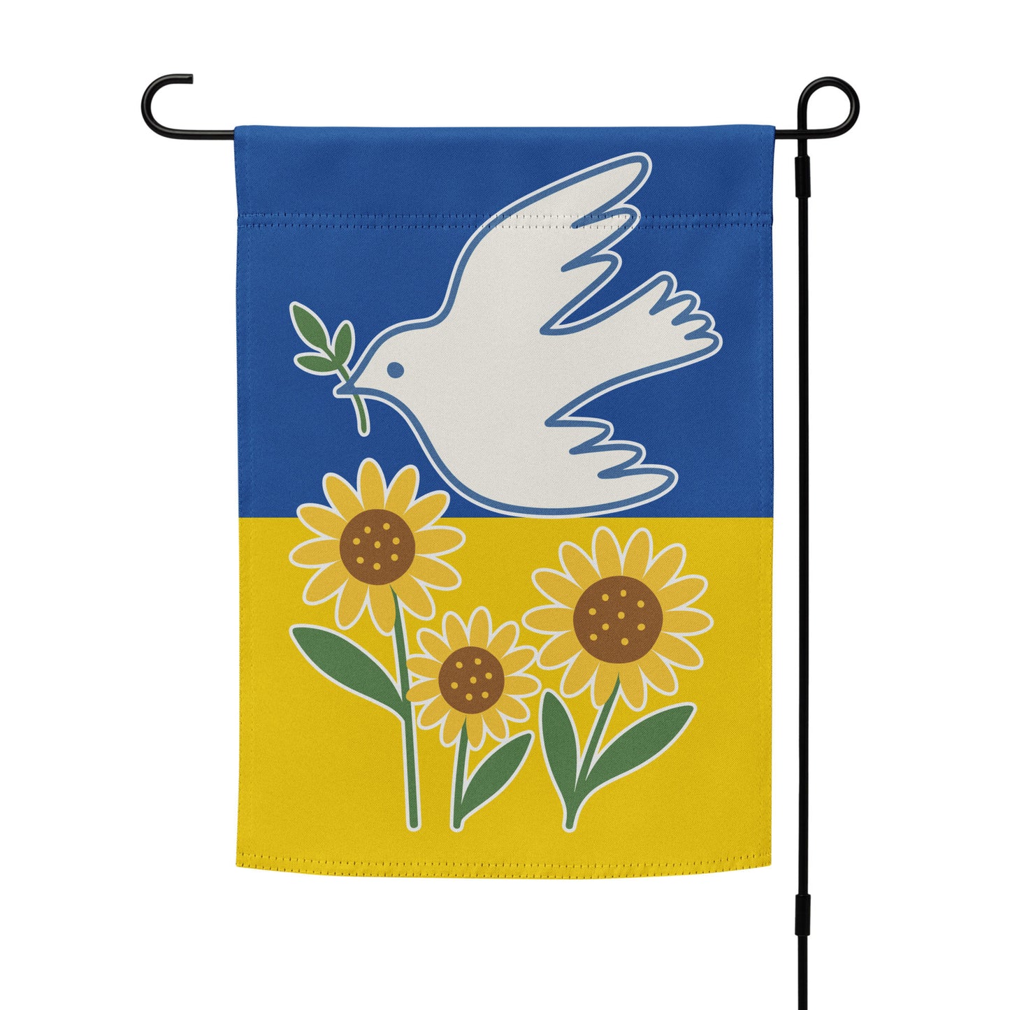 Ukraine Solidarity activist garden flag with dove and sunflower design displayed outdoors, Blue Wave USA progressive products.