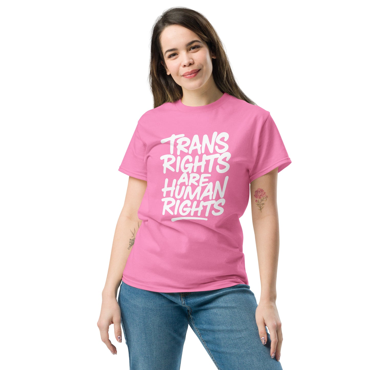 Female Trans Rights Activist wearing the "Trans Rights Are Human Rights" LGBTQ+ Activism Unisex Classic Tee
