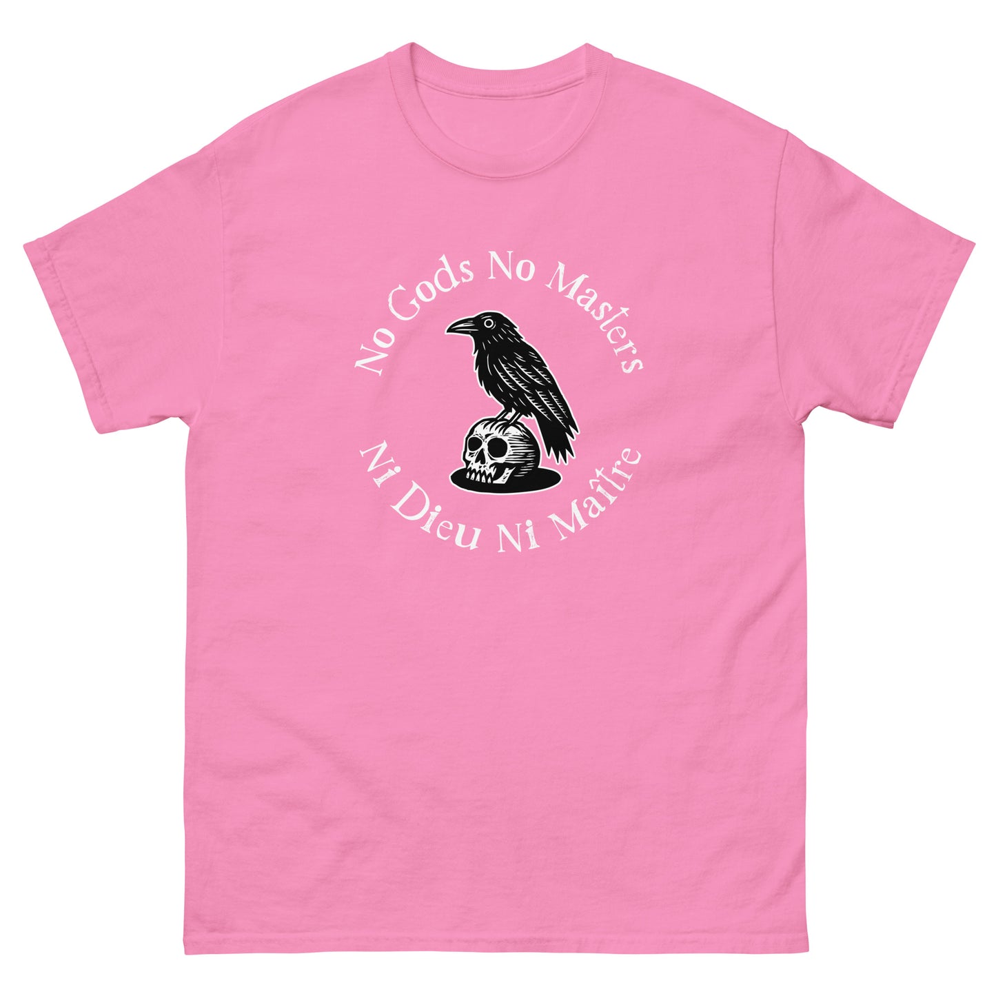 Light pink unisex classic T-shirt featuring raven skull graphic with bilingual anarchist phrase “No Gods No Masters / Ni Dieu Ni Maître” in activist apparel styling.