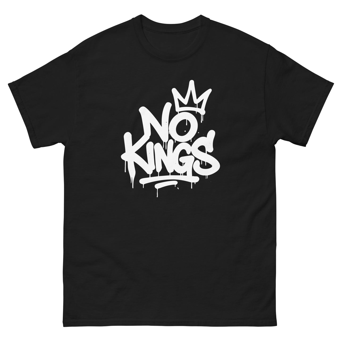 Front View Image: Black tee with white graffiti-style “No Kings” design and dripping crown