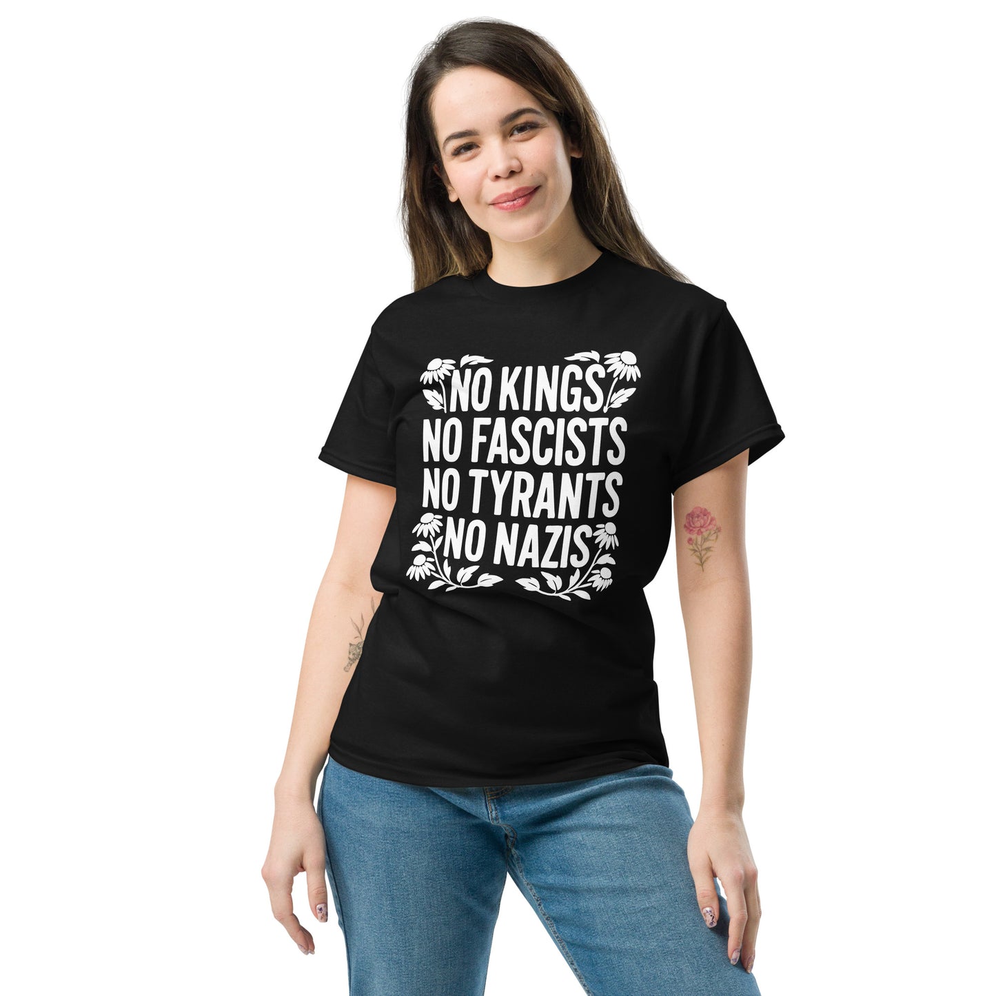 Lifestyle Image: Woman Protester wearing No Kings No Fascists No Tyrants No Nazis” shirt