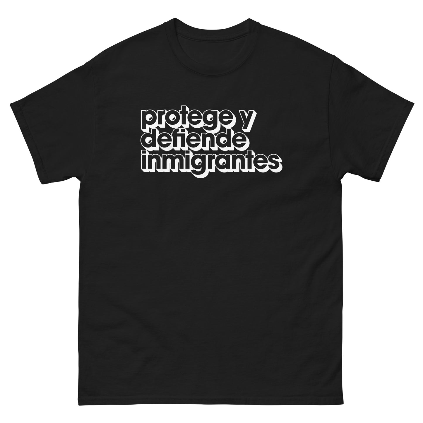 Front View Image: Protege y Defiende Inmigrantes tee with stacked retro text