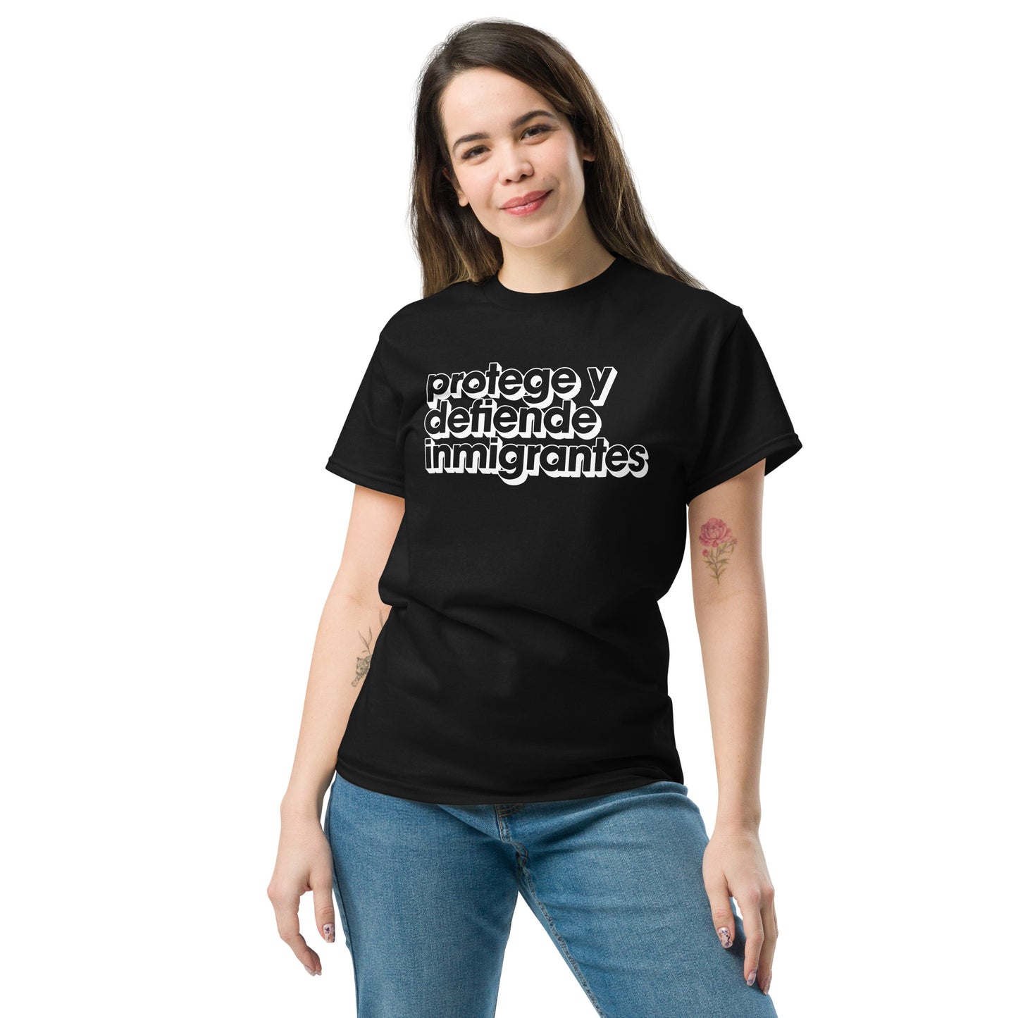 Lifestyle Image: Female Model wearing Protege y Defiende Inmigrantes pro-migrant rights unisex shirt