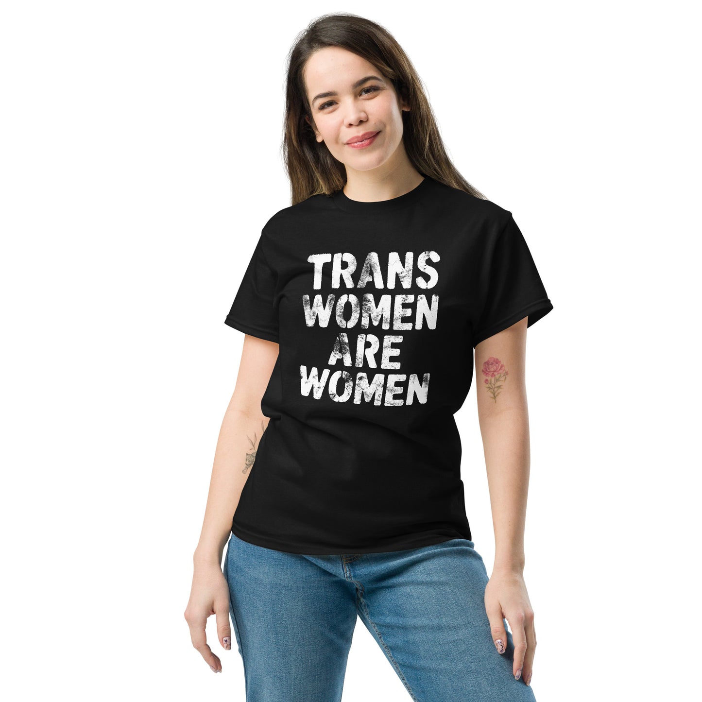 Female trans rights advocate wearing the "Trans Women Are Women" Trans Rights Distressed Tee