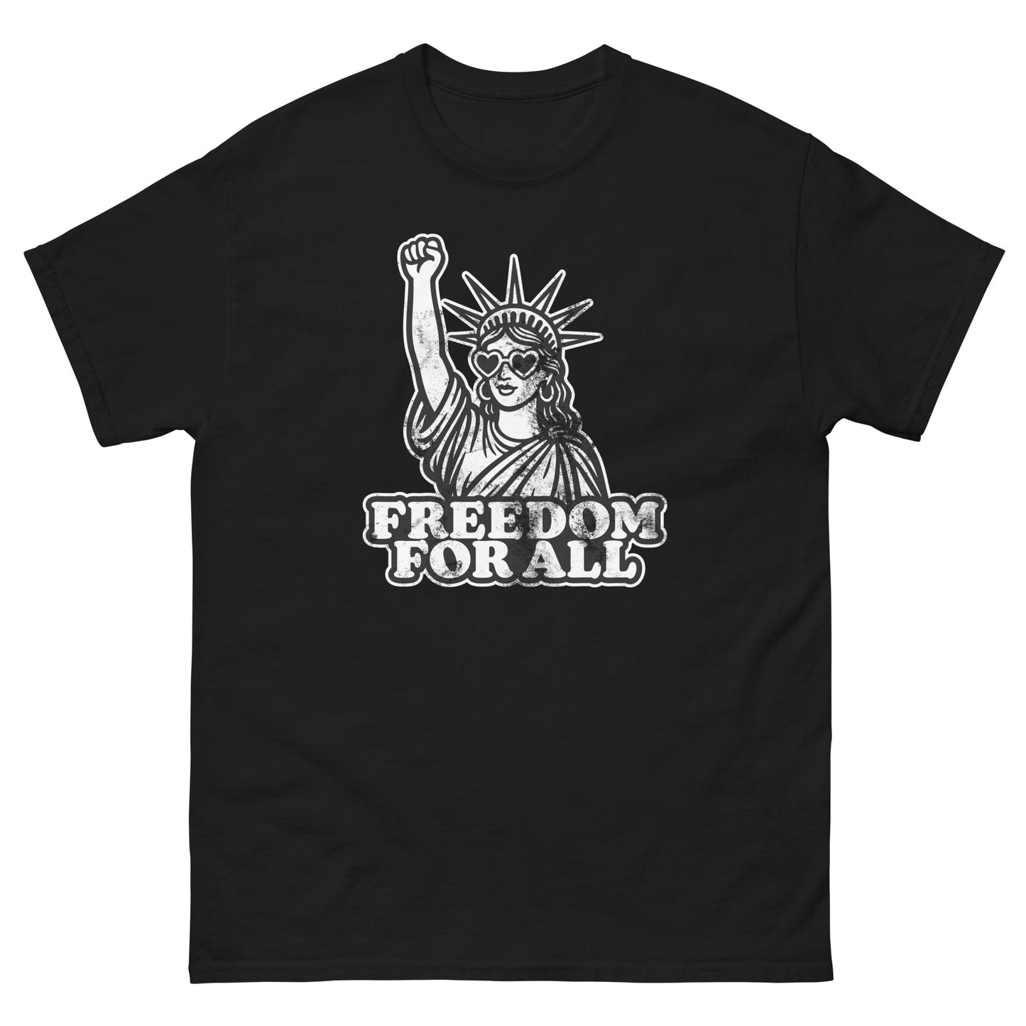 Front View Image: Front view of Freedom For All t-shirt featuring Statue of Liberty with raised fist