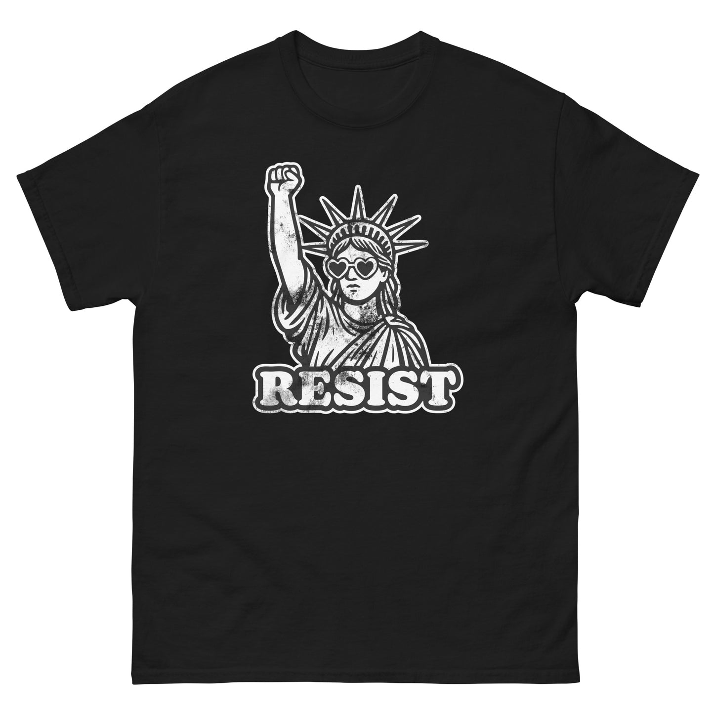 Front View Image: Front view of unisex RESIST t-shirt featuring Statue of Liberty with fist raised
