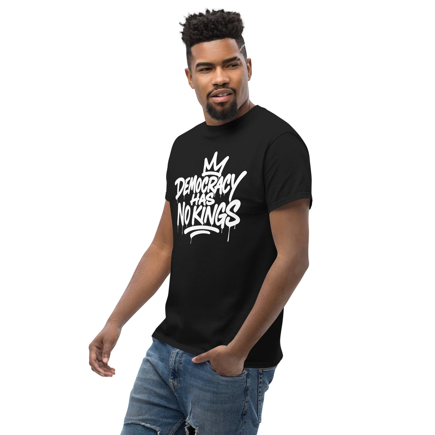 Lifestyle Image: Black Activist wearing Democracy Has No Kings shirt at rally