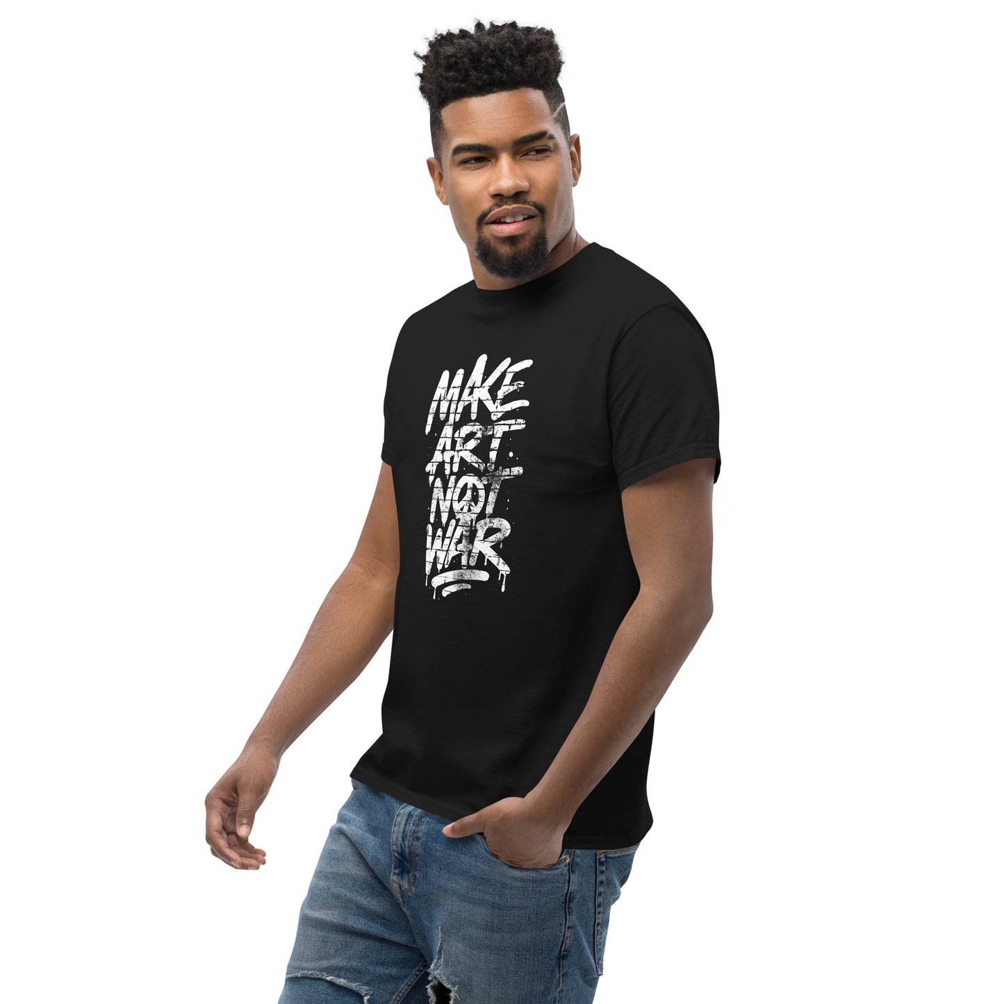 Black male protester wearing the "Make Art Not War" Graffiti Brick Wall Anti-War Unisex Classic Tee