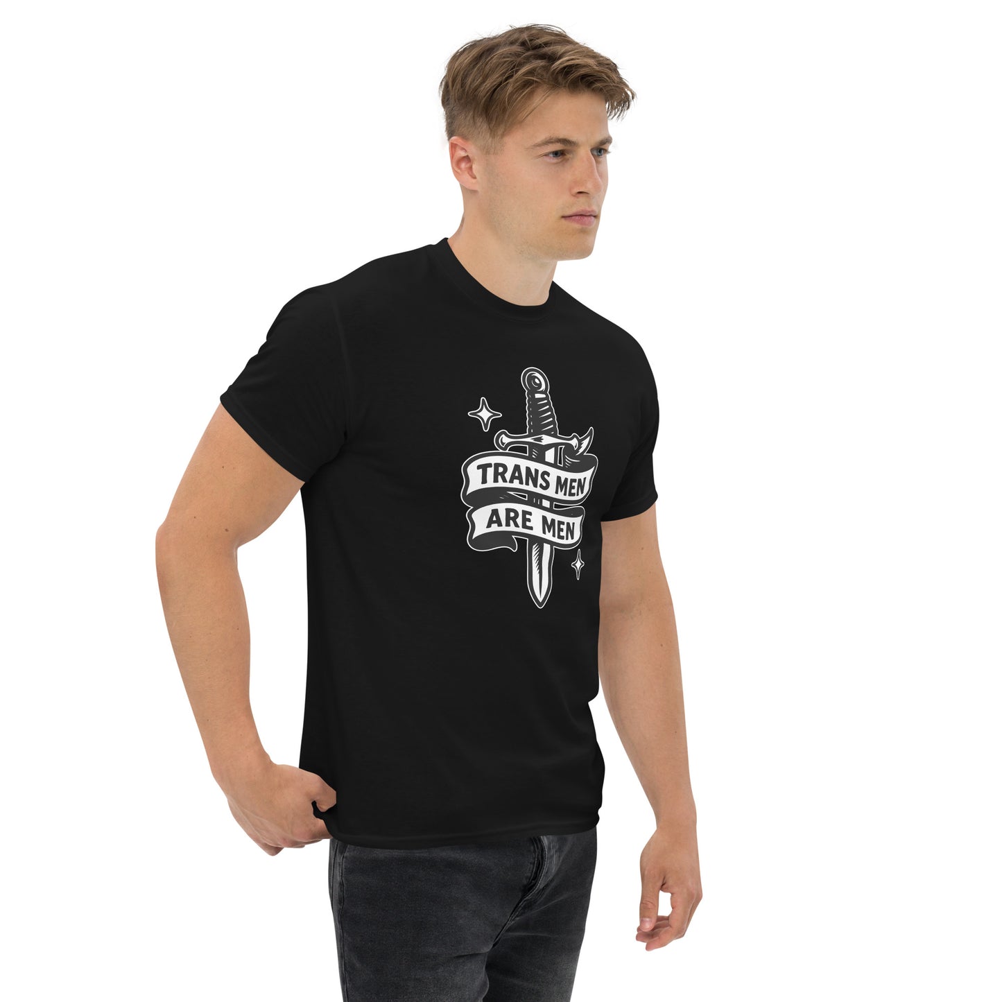 Male trans rights activist wearing the "Trans Men Are Men" Trans Pride Trans Ally Unisex Classic Tee