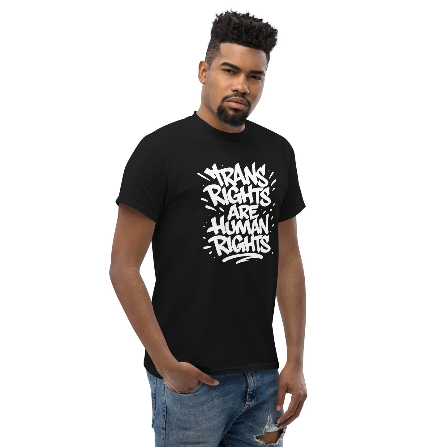 Black activist wearing the "Trans Rights Are Human Rights" LGBTQ+ Activist Slogan Unisex Classic Tee