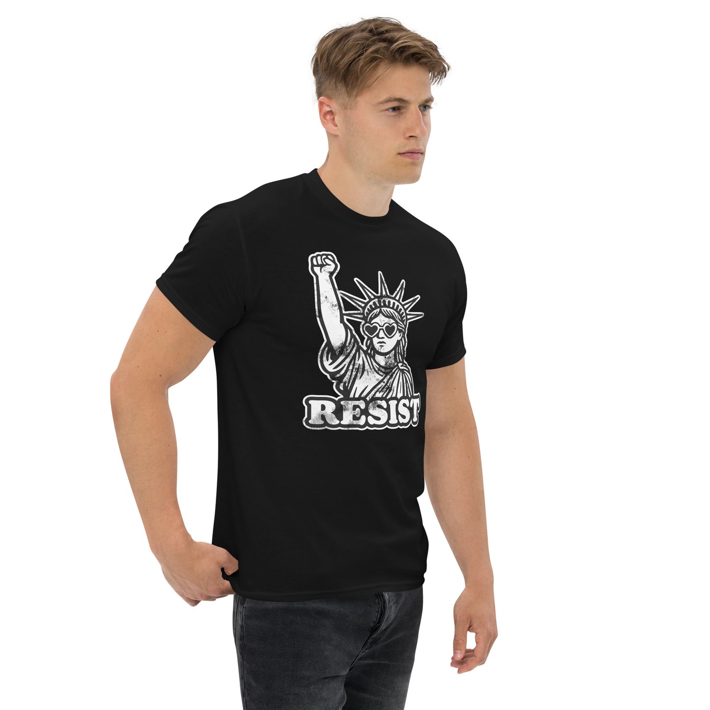 Lifestyle Image: Male protester wearing Statue of Liberty protest tee - black