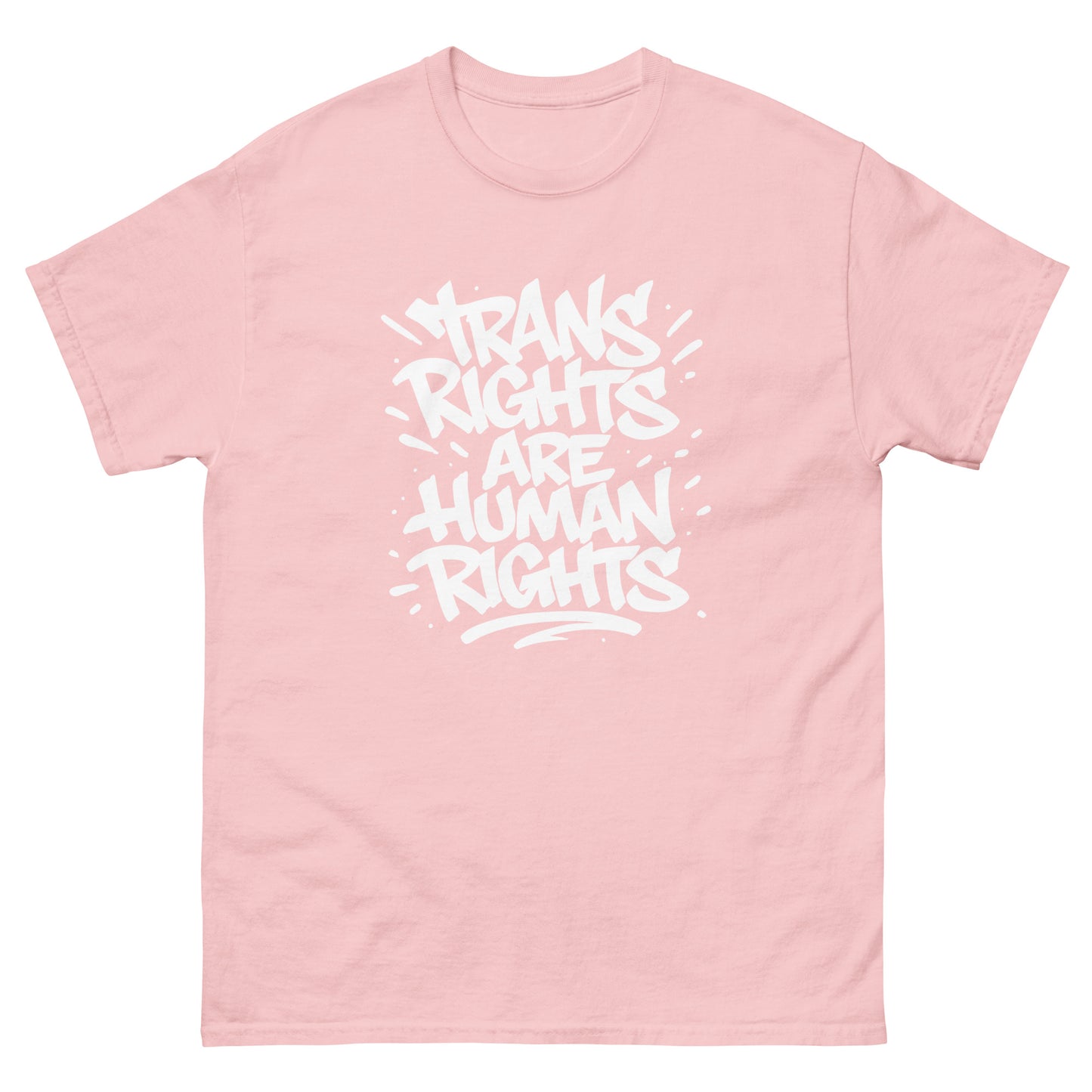 Light pink unisex classic t-shirt featuring bold hand-lettered burst typography reading “Trans Rights Are Human Rights,” progressive trans rights apparel by Blue Wave USA.