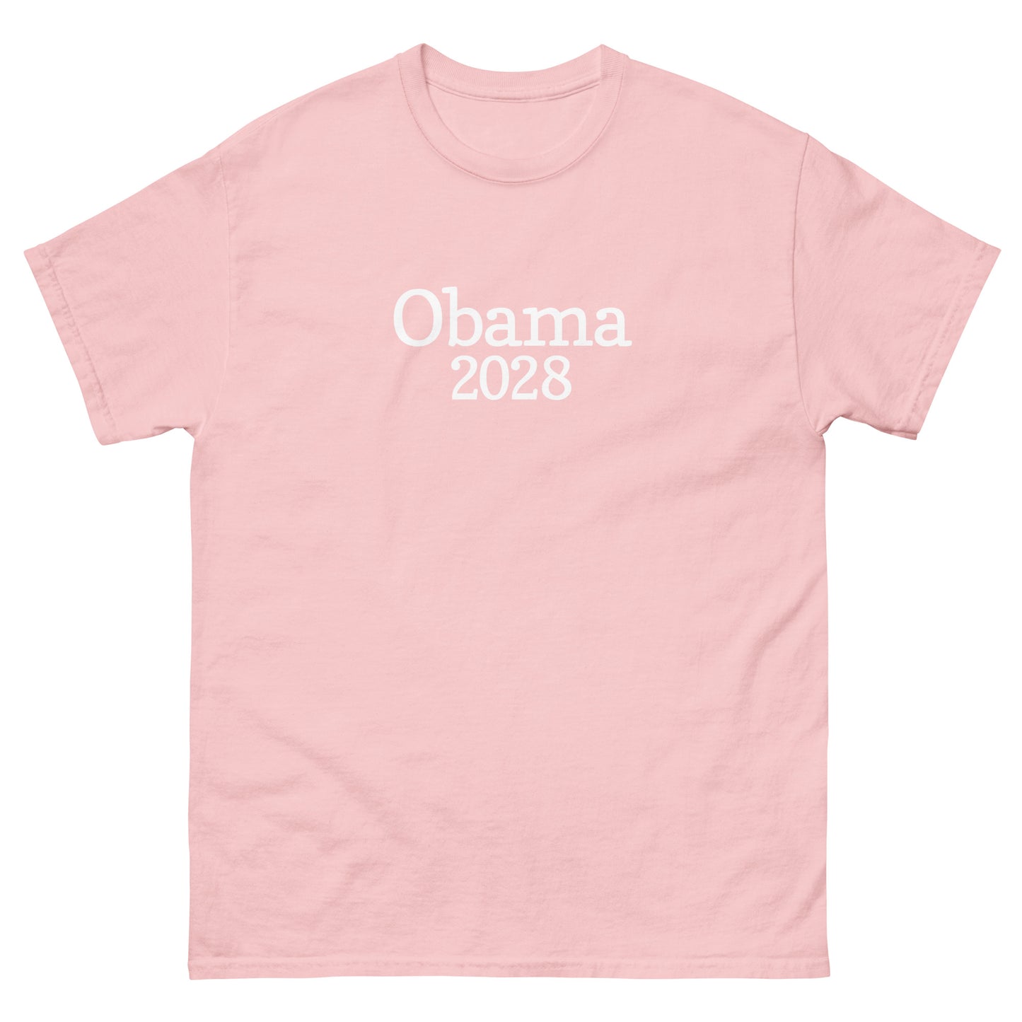 Soft pink unisex classic tee displaying centered “Obama 2028” text in simple, clean font.