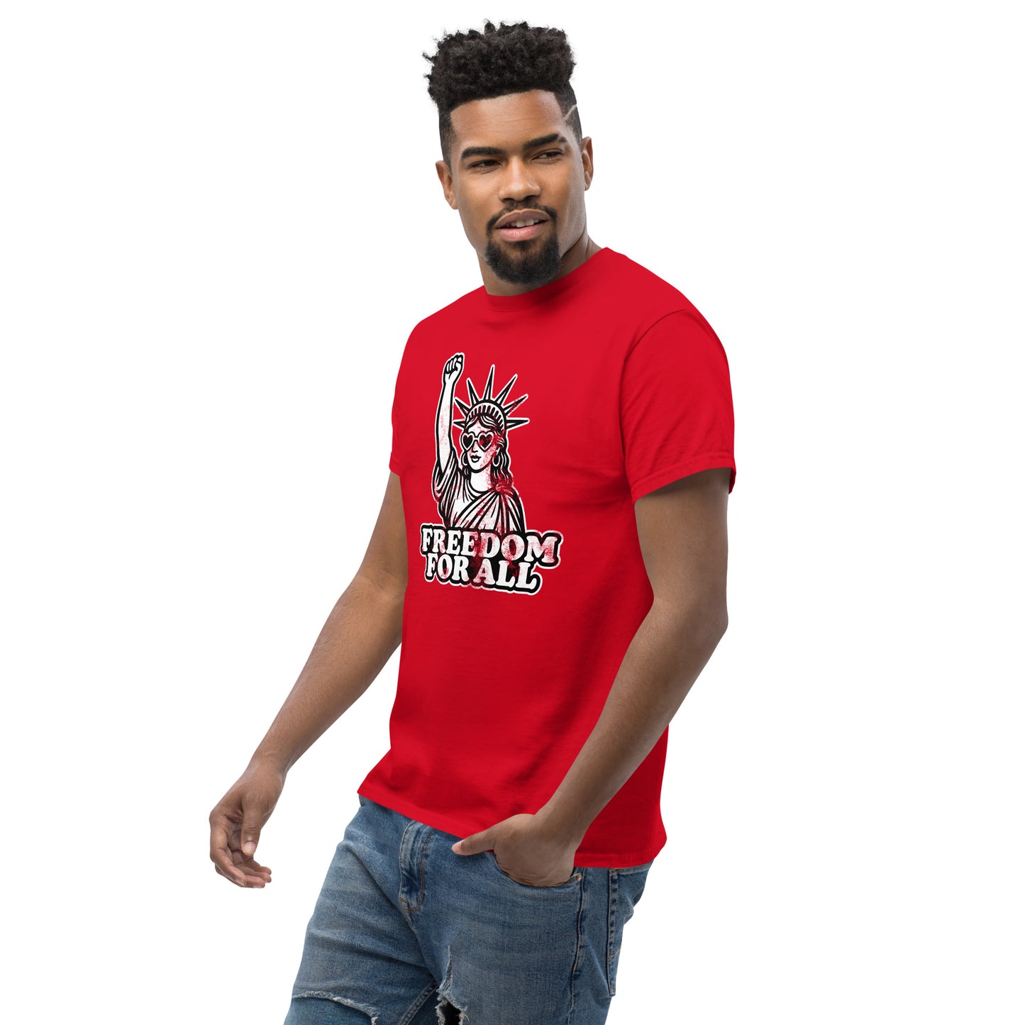 Lifestyle Image: Black Male protester wearing feminist protest tee at a rally or community event