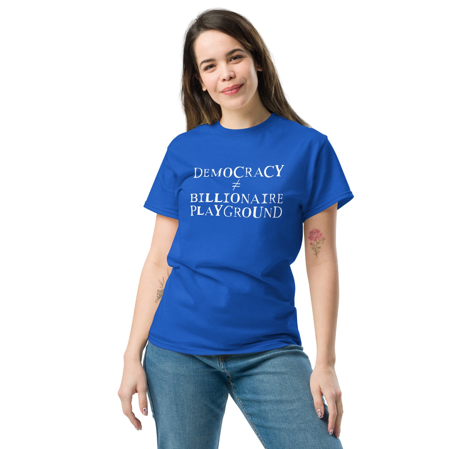 Lifestyle Image: Woman activist Wearing Democracy Is Not a Billionaire Playground Tee