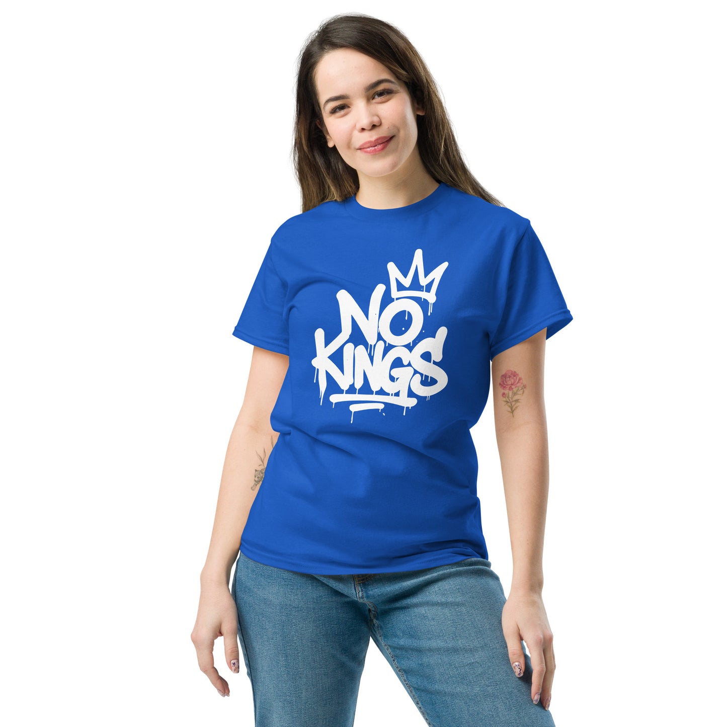 Lifestyle Image: Woman Protester wearing No Kings tee during street demonstration