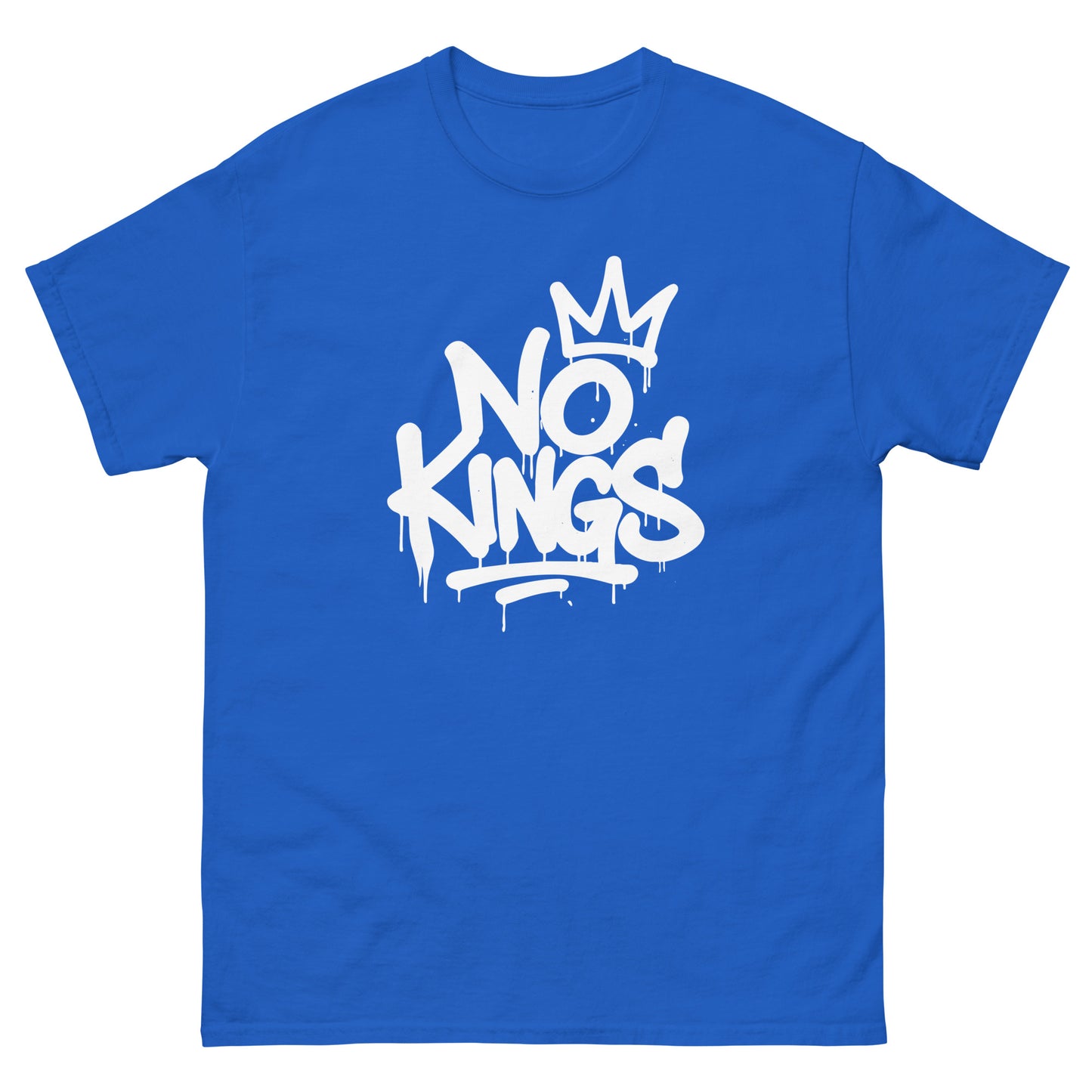 Front View Image: Blue tee with white graffiti-style “No Kings” design and dripping crown