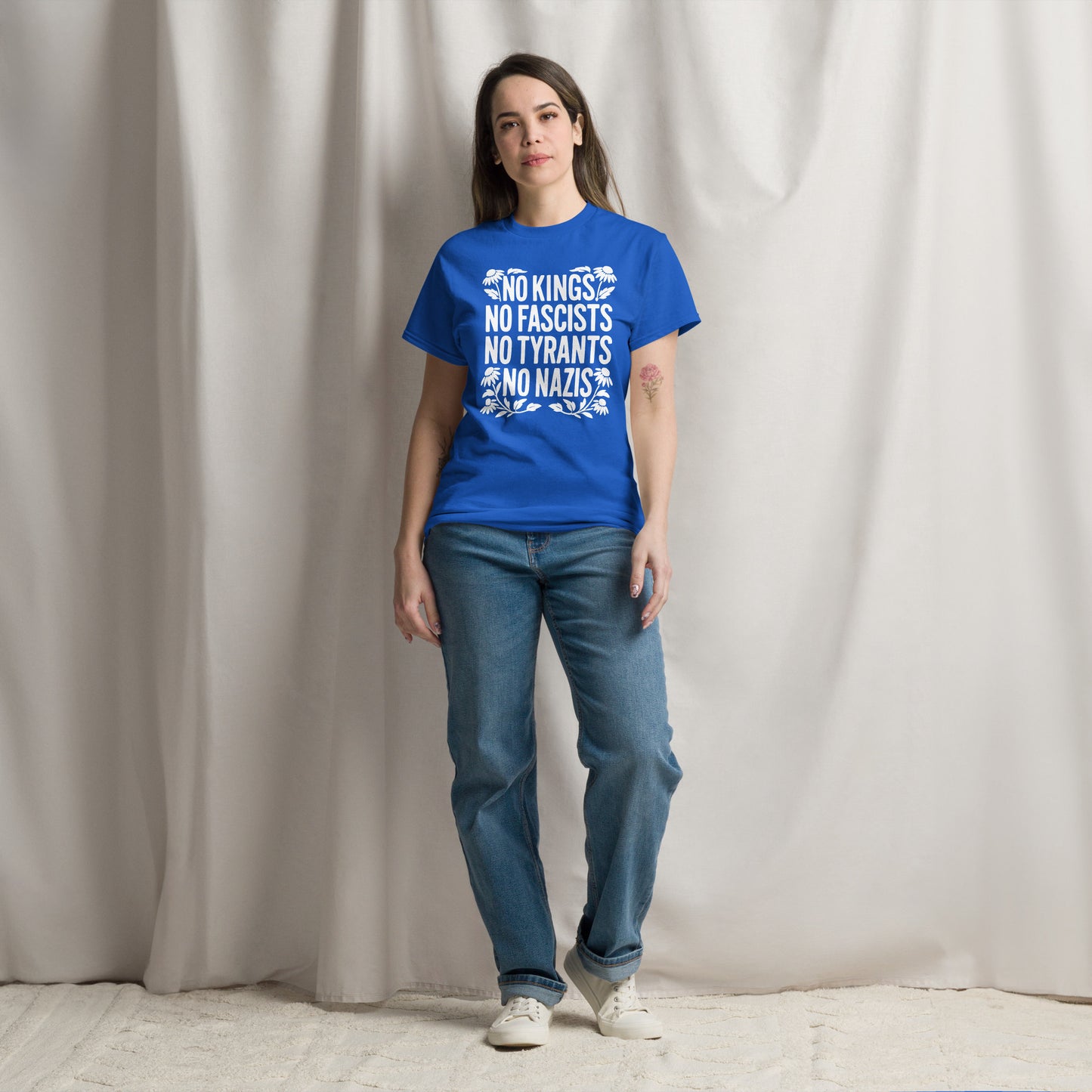 Lifestyle Image: Female Protester wearing No Kings No Fascists No Tyrants No Nazis” shirt