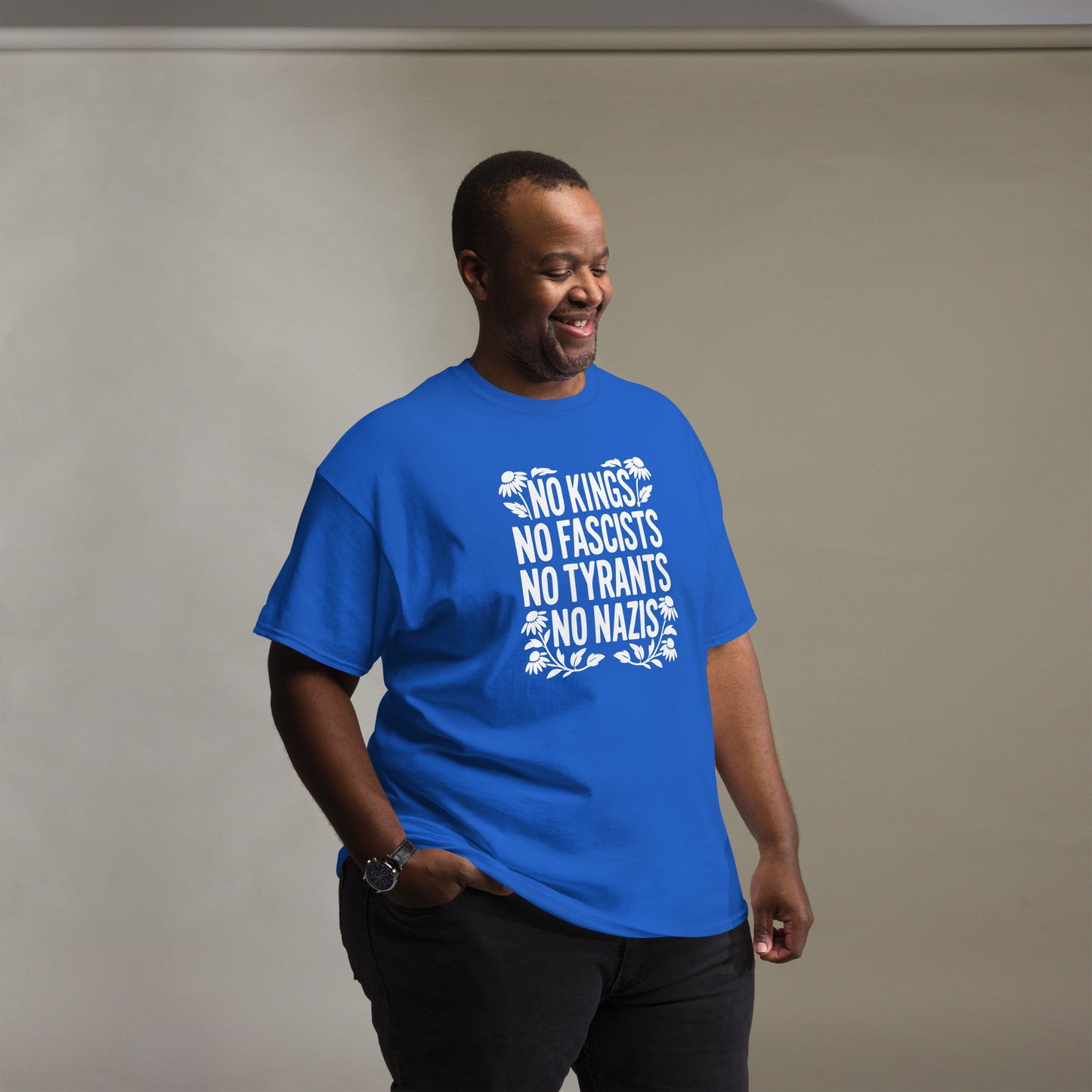 Lifestyle Image: Black Protester wearing No Kings No Fascists No Tyrants No Nazis” shirt