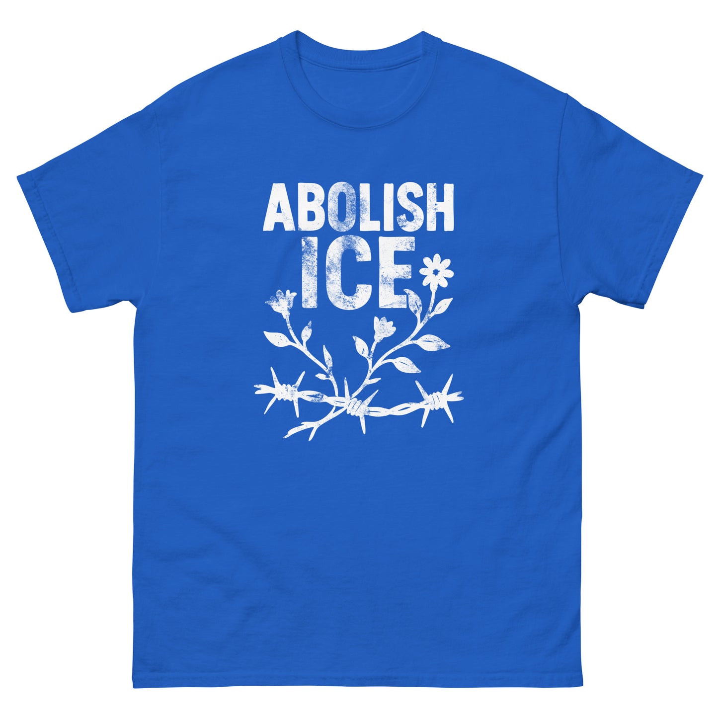 Front View Image: Abolish ICE tee with bold floral barbed wire protest graphic