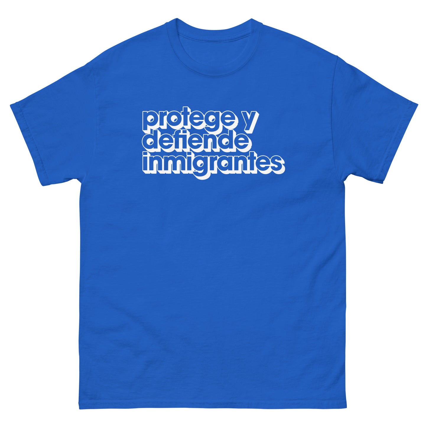 Front View Image: Protege y Defiende Inmigrantes tee with stacked retro text