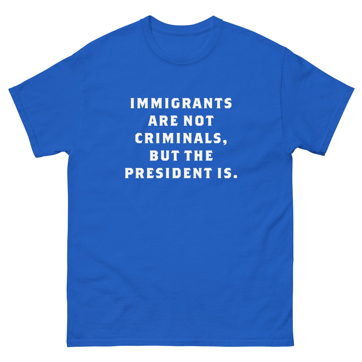 Front View of the "Immigrants Are Not Criminals" Anti-Trump Anti-ICE tee, making a powerful statement for human rights & accountability